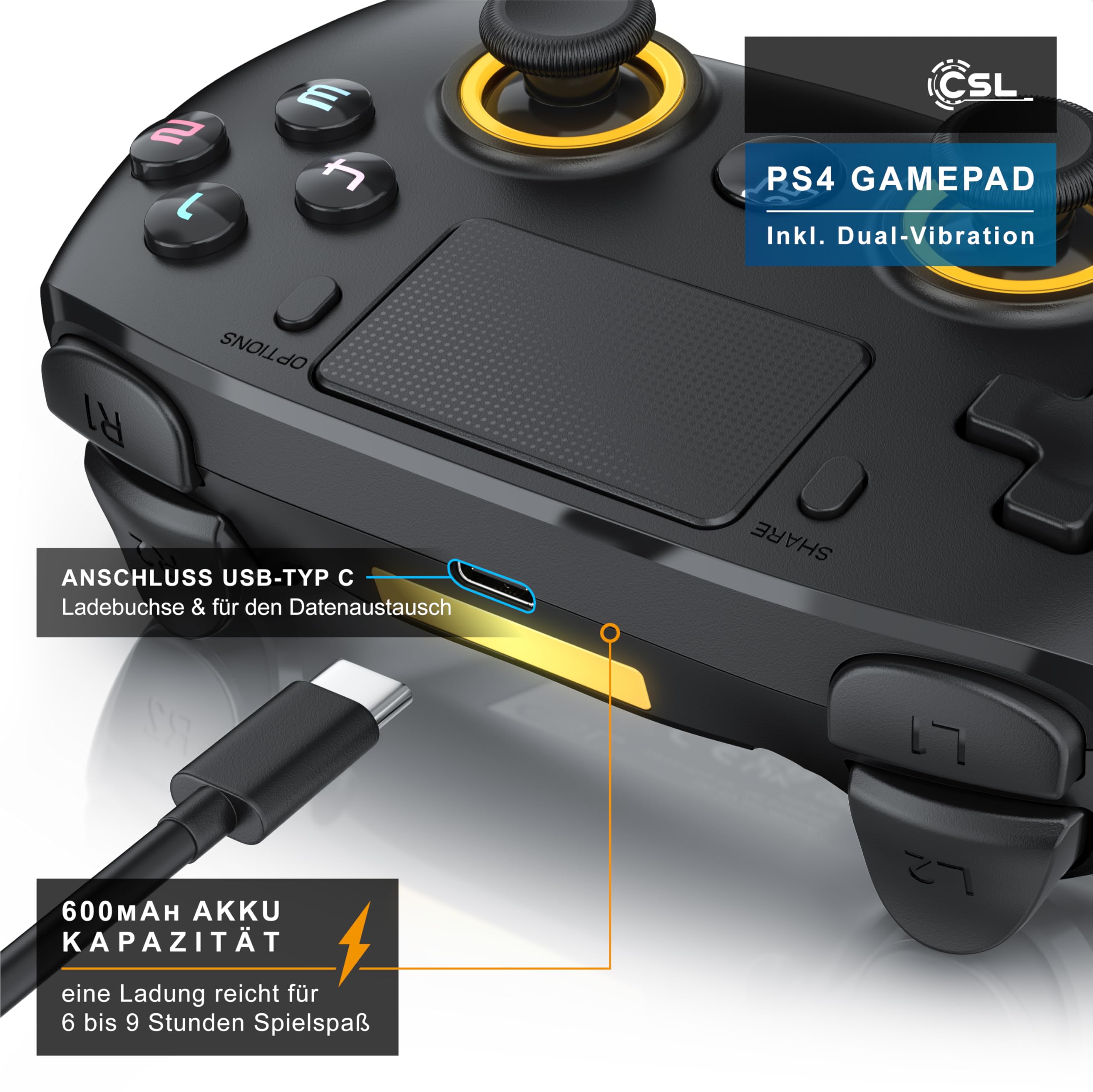 CSL - Wireless Gamepad für PC und PS4 - PC Anschluss - Wireless Controller - Dual Vibration - Headset Ausgang - Turbo Funktion - Touchpad - Share-Taste - M-Taste für freie Belegung