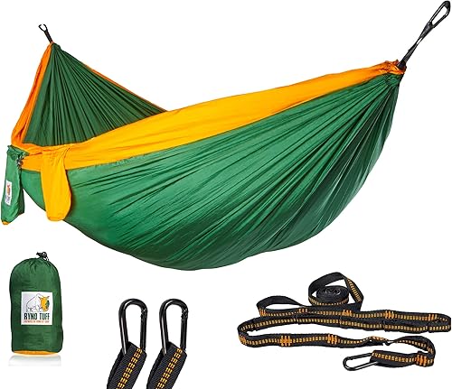 Ryno Tuff Hamaca extragrande para 2 personas para acampar en interiores y exteriores, hamaca doble compacta impermeable con bolsillo, correas para