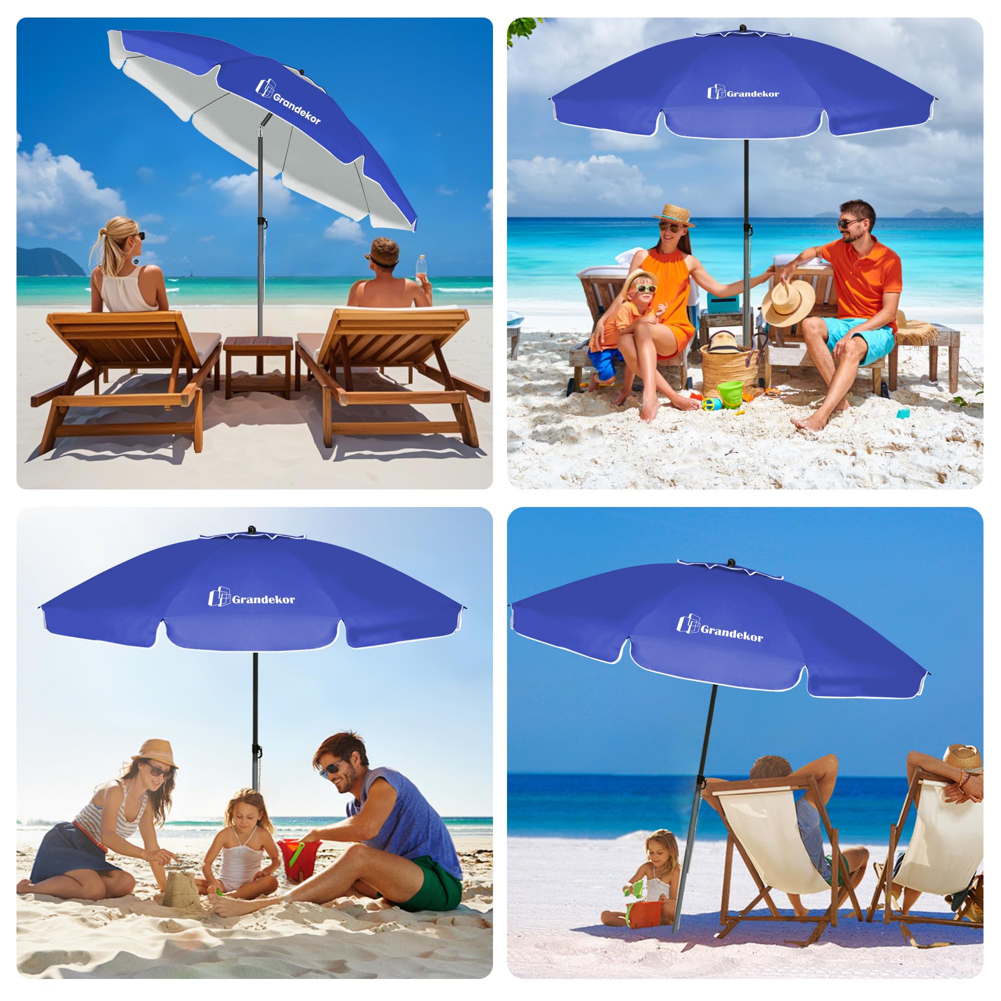 Grandekor Parasol de Plage, Parasol de Jardin Exterieur, UV50+, Ombrelle réglable en Hauteur et Inclinaison, avec Ancre de Plage de 12cm, pour Plage, Balcon & terrasse, 200cm, Bleu