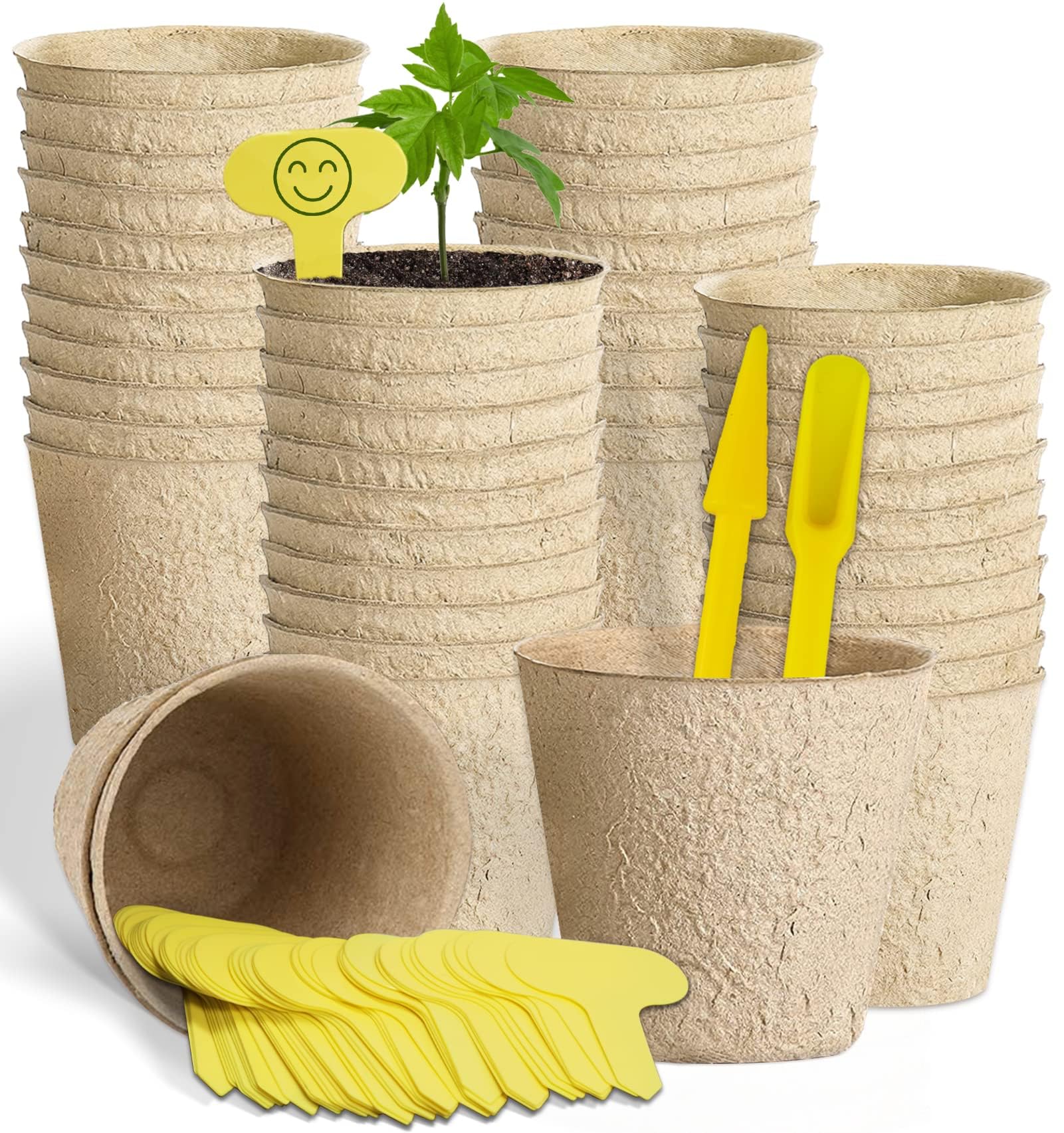 50pcs 3.15” Peat Pots,Biodegradable Peat Pots for Seedlings, Plant Nursery Pots for Vegetables,Fruits,Flowers,Graden, Bonus 50 T-Labels& 2 Transplant Tools