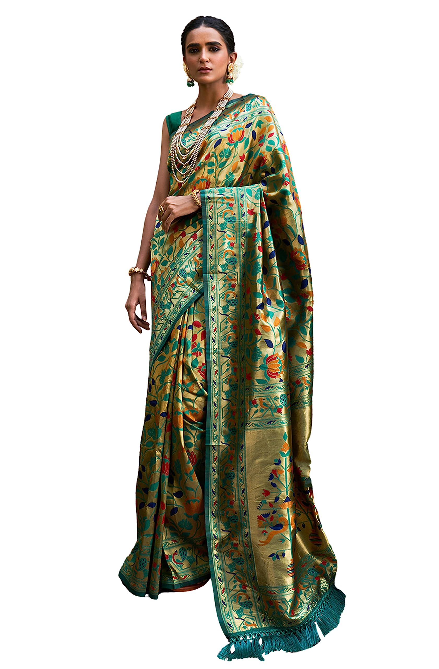 Indian Women's Green Paithani Silk Woven Bagh Design Saree with Unstitched Blouse Piece