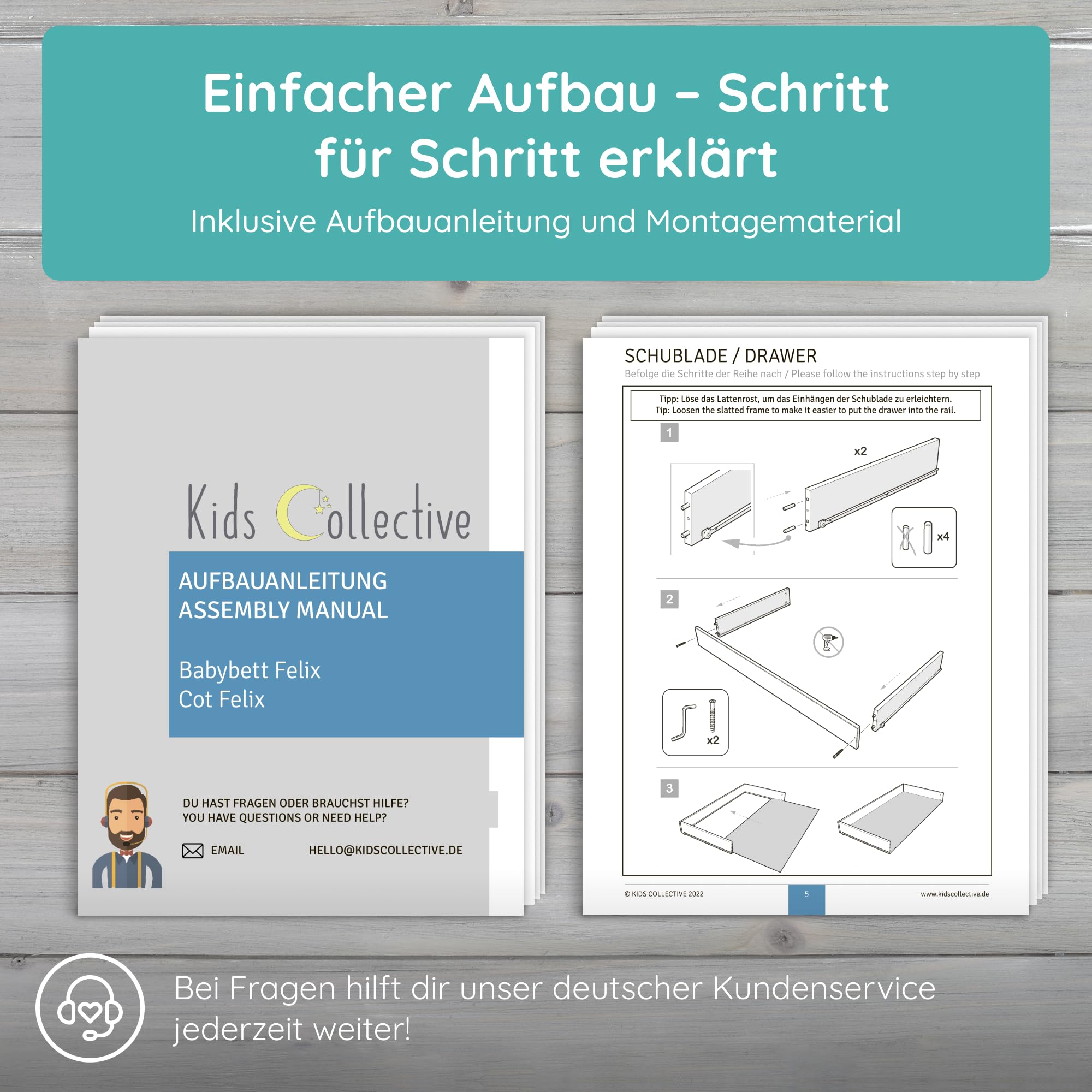 Kids Collective Babybett Kinderbett 60x120 cm Gitterbett Baby Bett Komplett-Set Beistellbett mitwachsend, Lattenrost höhenverstellbar mit abnehmbaren Sprossen, mit Schublade | Kiefer-Vollholz | weiß
