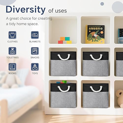 Miniatura 6 de Contenedores grandes de almacenamiento de 11 x 11 pulgadas con asas de algodón para armario, estantes, ropa, juguetes, toallas (blancobeige, paquete