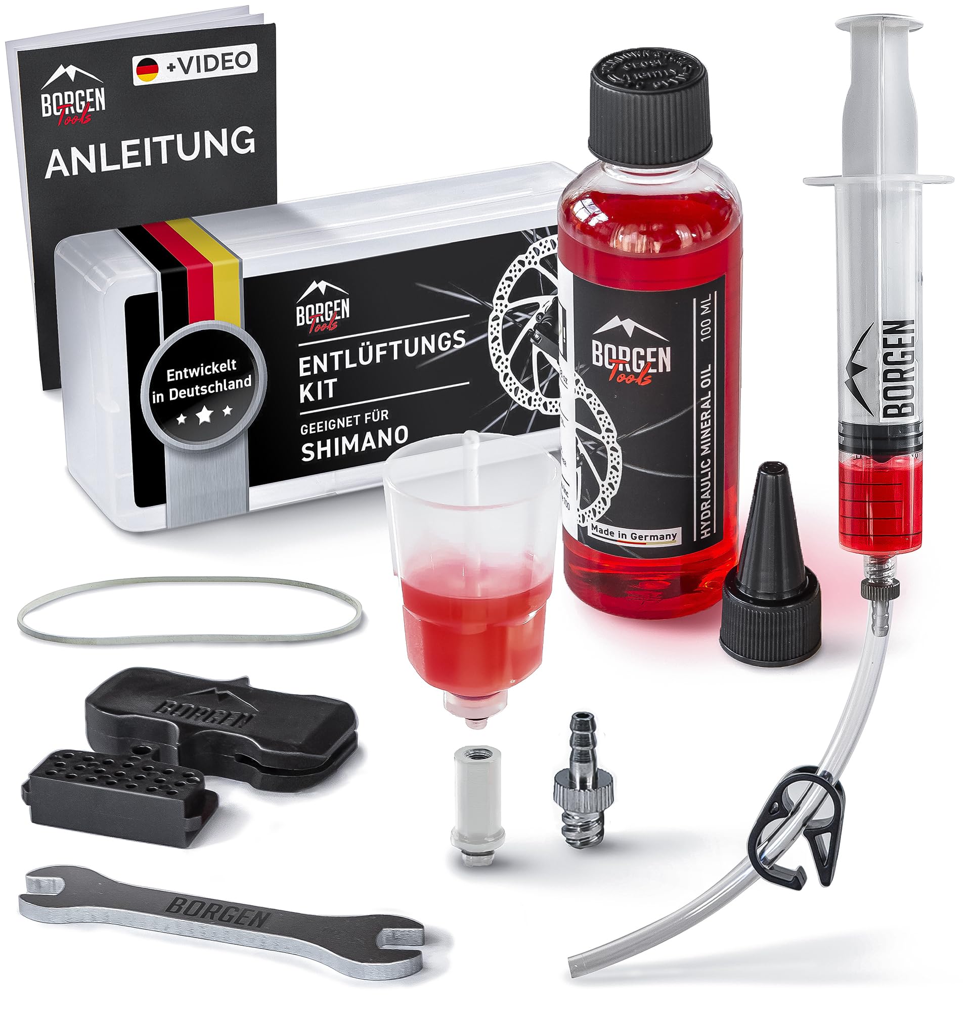 Borgen Entlüftungsset für Shimano Scheibenbremsen - Entlüftungskit mit Anleitung für Deore, Dura Ace, Saint, XT UVM. inkl. 100ml Mineralöl Bremsflüssigkeit, Trichter, Spritze und Adapter