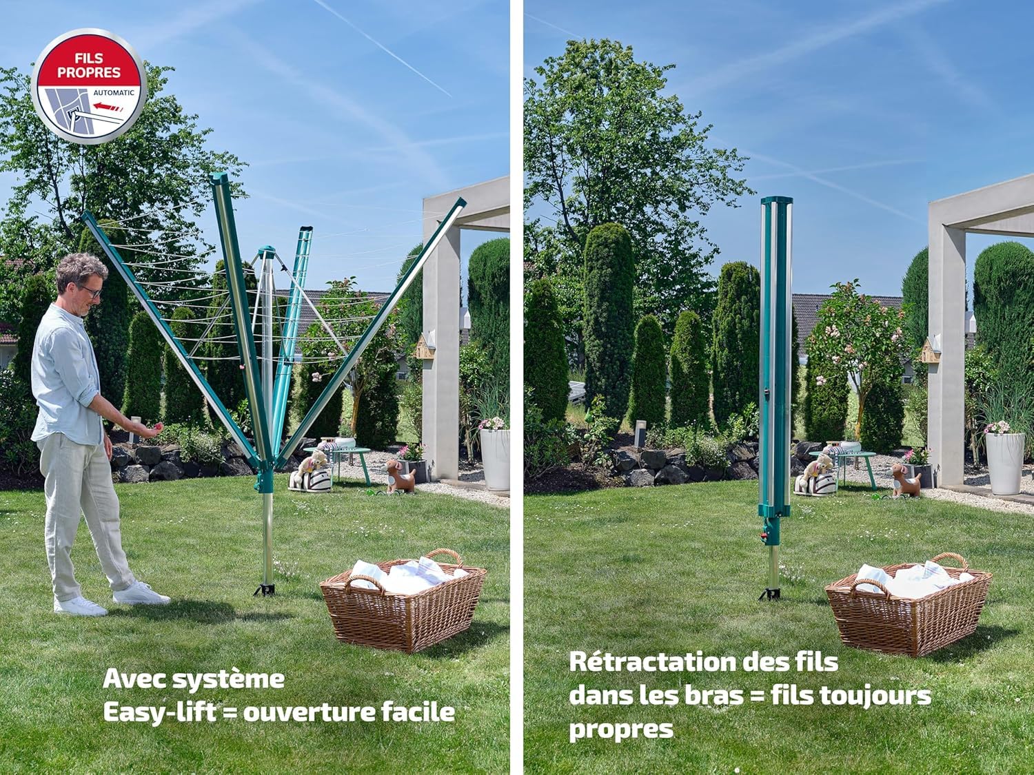 Leifheit Séchoir parapluie Linomatic 500 Deluxe Cover, étendoir parapluie grande surface d'étendage avec douille fixation et housse de protection, séchoir à linge jardin solide et résistant, Easy-lift