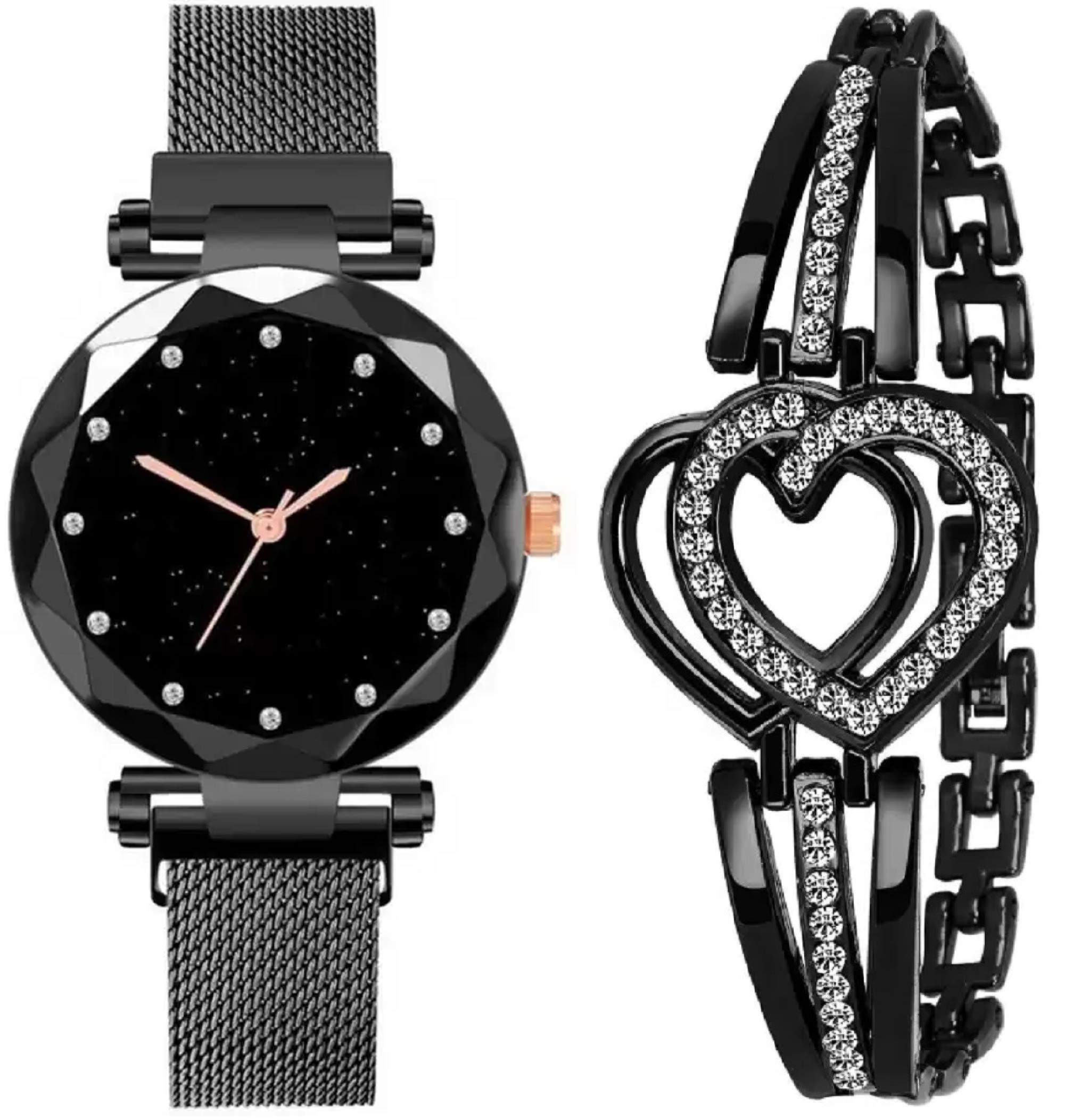 BID Girls and Womens Analogue 12 Point Diamond Studded Dial Chain Magnet Belt Watch and Sweet Heart Bracelet Combo (Black)- Set of 2 (B08YK6GDRN) Amazon Price History, Amazon Price Tracker