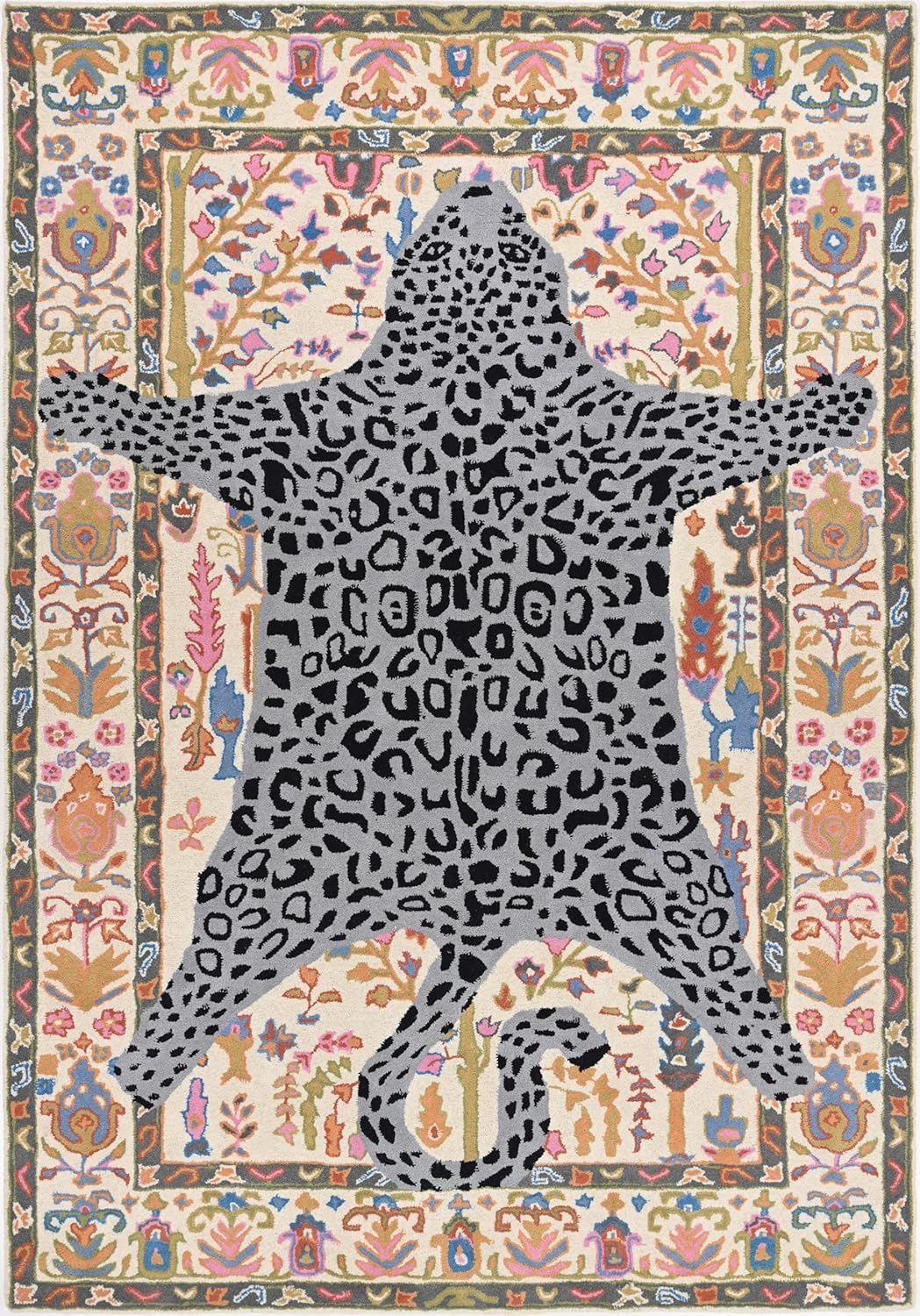 Handmade Leopard Wool Area Rug with Traditional Oushak Motif – Animal Print Cheetah Rugs for Living Room, Bedroom, Dining Room | Plush Texture, Vintage Style Carpet (Ivory-Grey, 5' x 8')