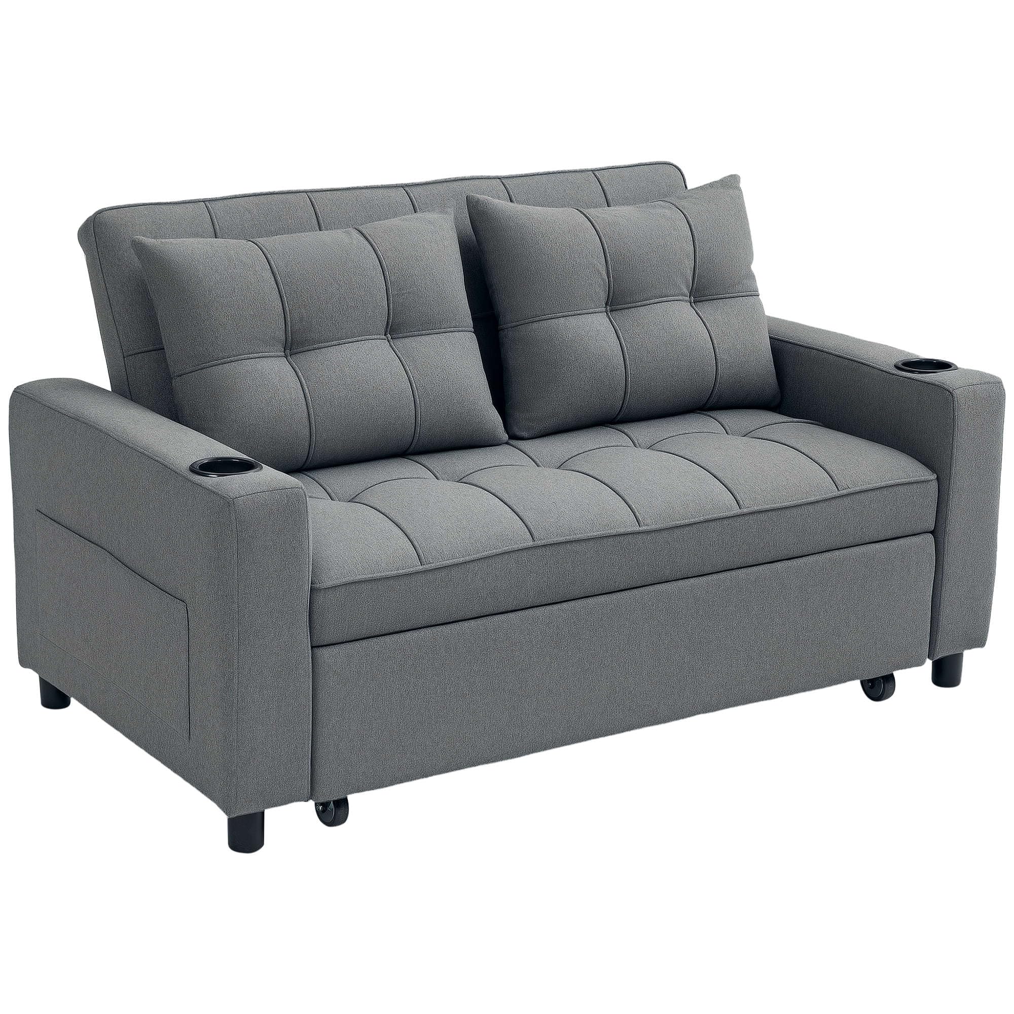 HOMCOM 2 Seater Sofa Bed, Convertible Pull Out Sofa Bed with Adjustable Backrest, Cup Holders and Pillows, Click Clack Settee for Living Room, Bedroom, Guest Room, Charcoal Grey
