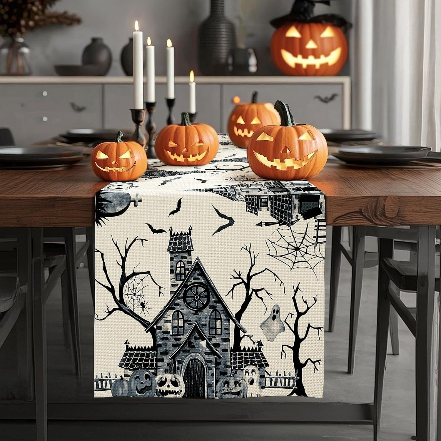 Artscope Black White Spooky Haunted House Tree Ghost Halloween Table Runner, Halloween Holiday Kitchen Dining Table Decoration for Fall Home Decor 13x72 Inch
