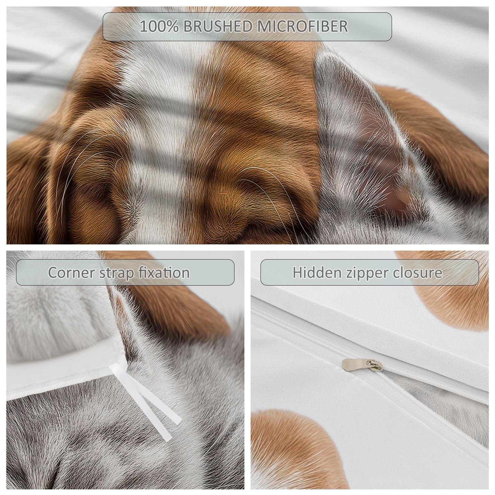 Biancheria da letto da 155 x 220 cm, in 100% microfibra, non necessita di stiratura e morbida, con stampa fotografica, con simpatici animali e cuccioli, stile minimalista, con chiusura lampo, 2 federe
