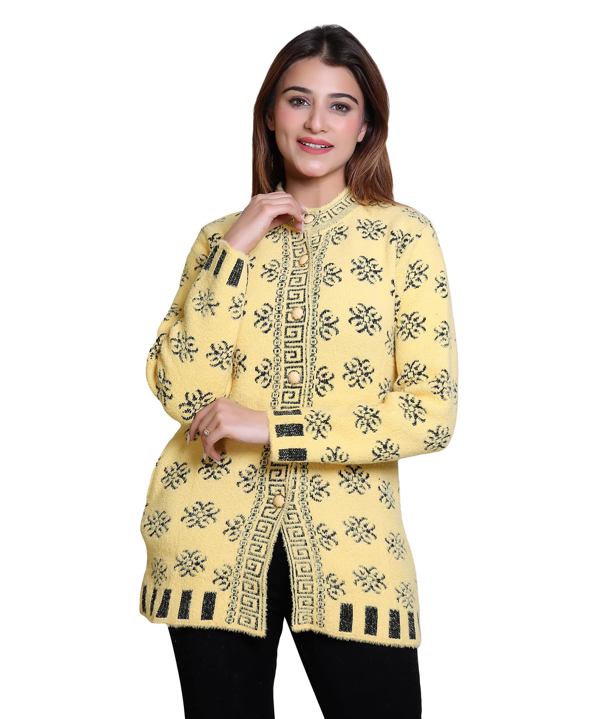 grand line Women's Woolen/Acyrlic Winter Wear Warm Full Sleeve Knitted Cardigan/Sweaters Hair Yarn Long Coat Pullover Computer Knitted Jaquard Design | Size Suitable for Land XL | Blue-picture-33