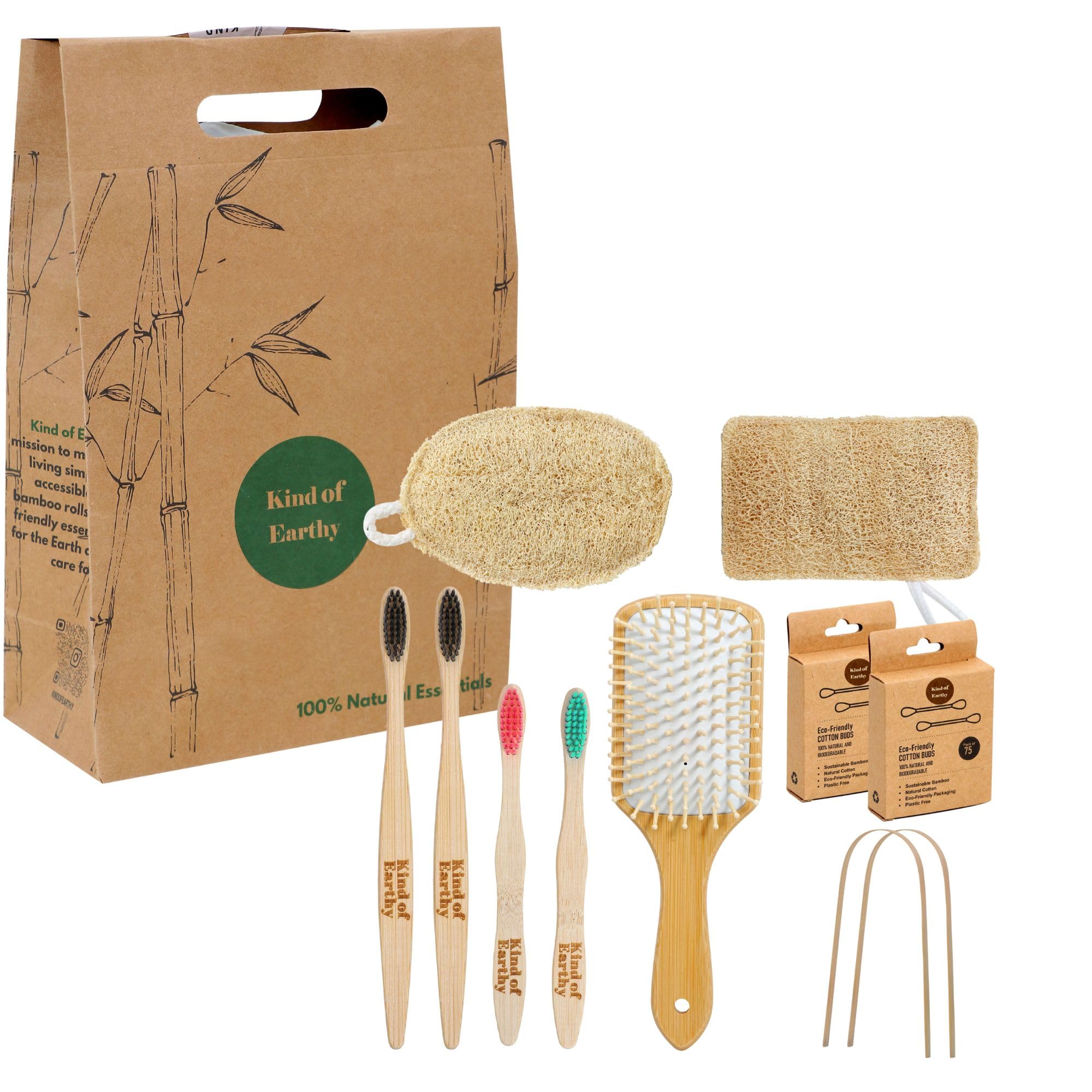 Kind of Earthy Family Wellness Gift Set with Eco-Friendly, Sustainable Bamboo Toothbrushes, Loofahs, Hairbrush, Earswabs ( 11 peices)-picture-34