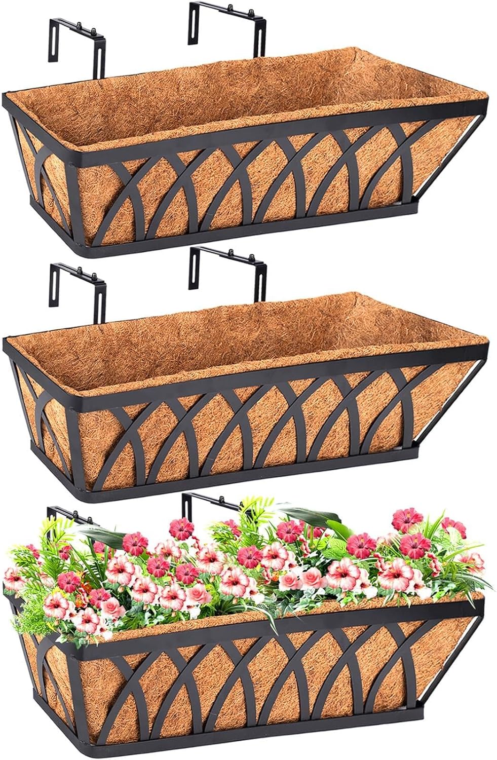 Deck Railing Planter Window Box - 3 Pack 24 Inch Deck Balcony Rail Planter with Coconut Coir Liner, Fence Metal Hanging Flower Planter Basket Deck Railing Planter Boxes for Outdoor Lawn