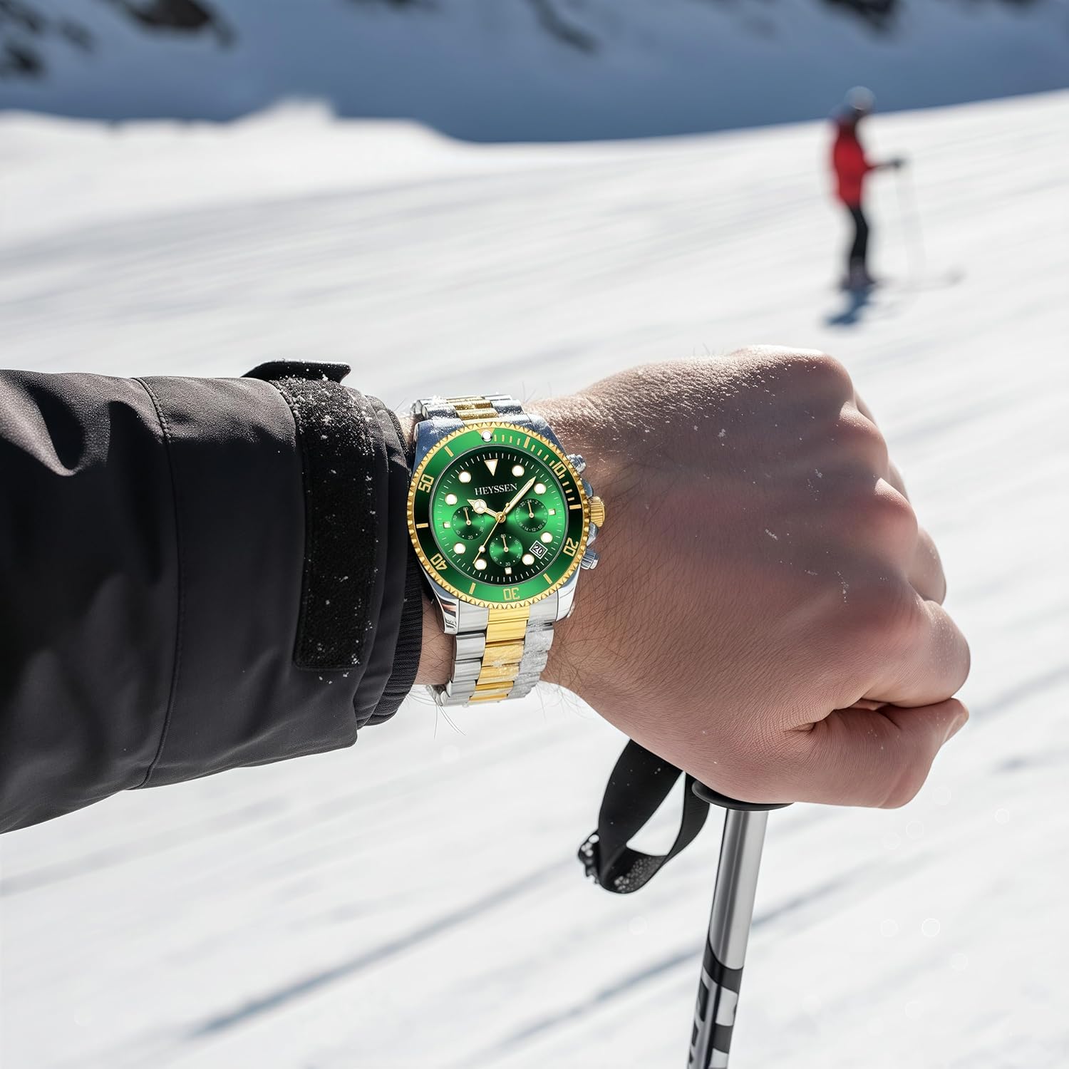 Watches For Men Quartz Stainless Steel: Dress Watch For Mens Wrist Luxury Gold And Silver Metal Two Tone Black Dial Big Analog Classic Diver Waterproof Chronograph Green Face Business Man Gift - Image 5