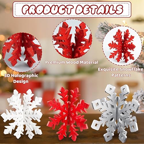 Miniatura 64 de OuMuaMua Juego de 6 decoraciones de mesa de Navidad con copos de nieve – 12 piezas de madera blanca 3D decoración de copo de nieve de mesa