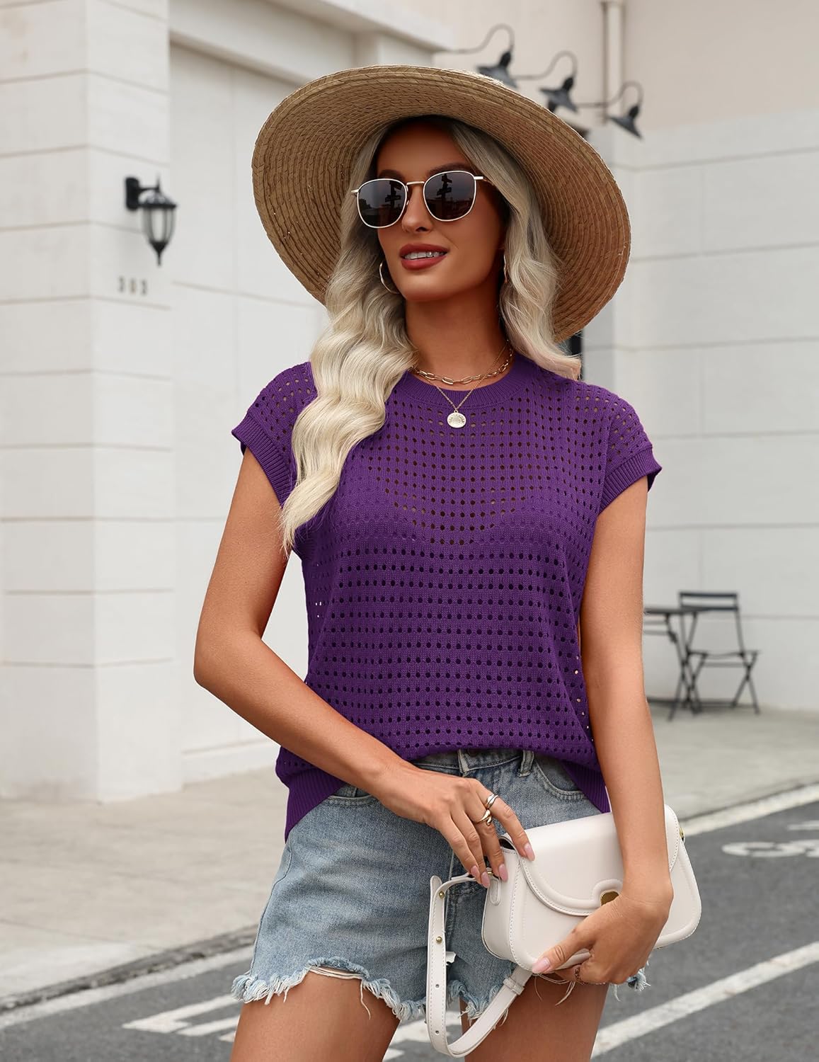 Zeagoo Womens Spring Summer Crochet Tops Cap Sleeve Sweater Vest Hollow Out Pullover Shirts Beach Vacation Clothes - Image 4