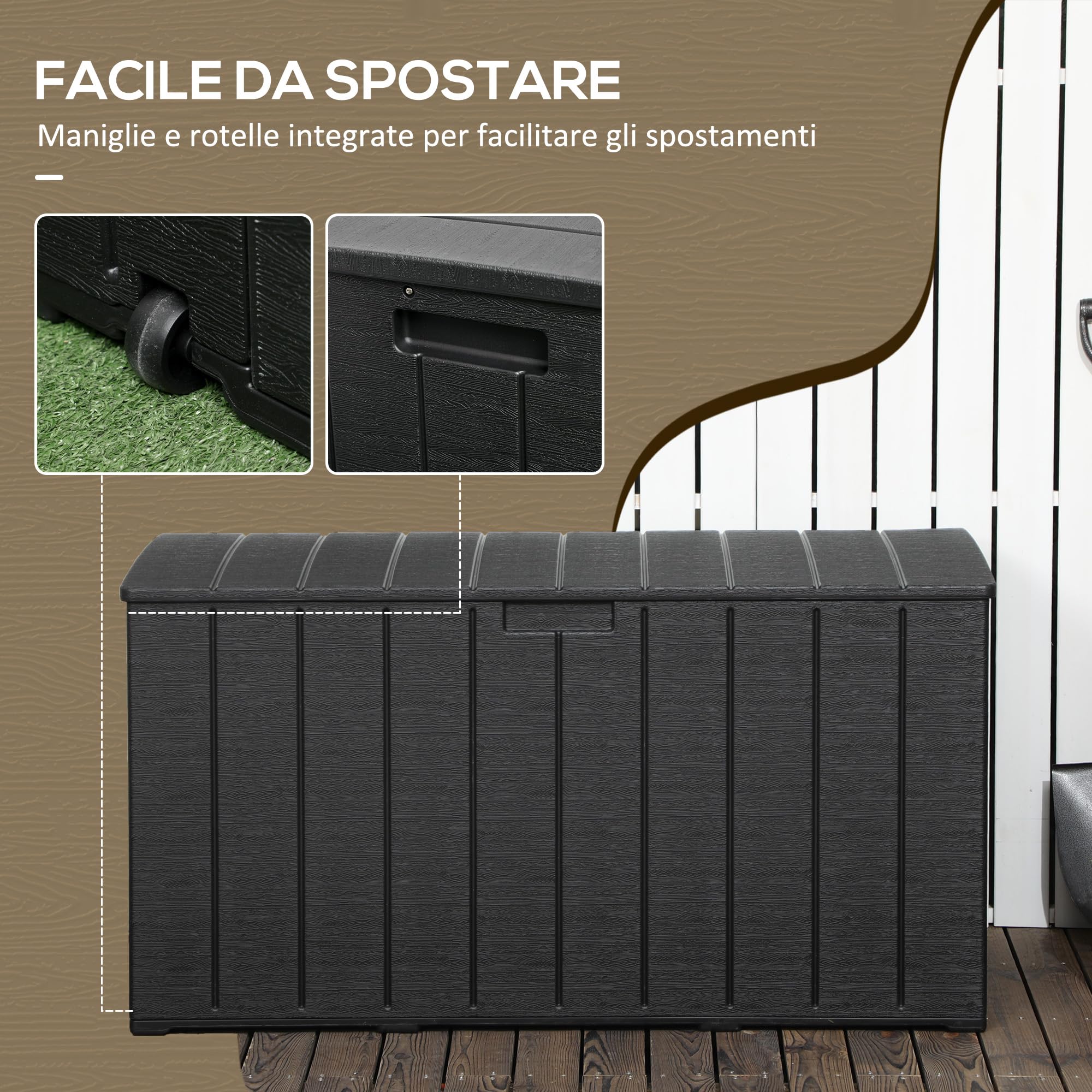 Outsunny Baule da Esterno da 366L Effetto Legno con Coperchio a Doppia Leva, 2 Maniglie e 2 Rotelle, Cassapanca Contenitore da Esterno in Plastica, 122.4x62x64.5 cm, Nero