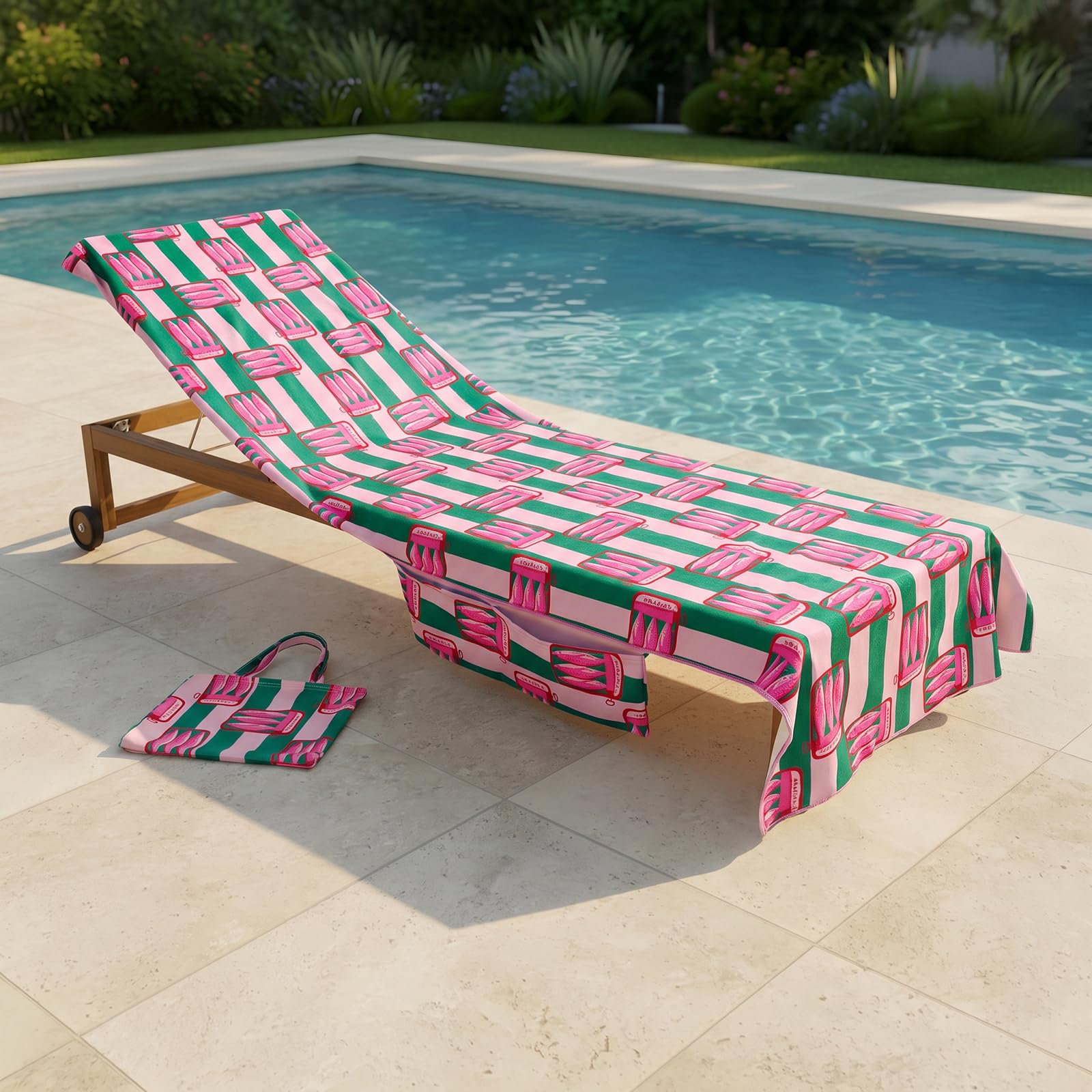 OHS Beach Towels for Adults Sun Lounger, Soft Quick-Dry Absorbent Sardine Stripe Sunbed Towels with Pockets Large Microfibre Beach Towel Summer Holiday Essentials, 75 x 215cm - Pink/Green