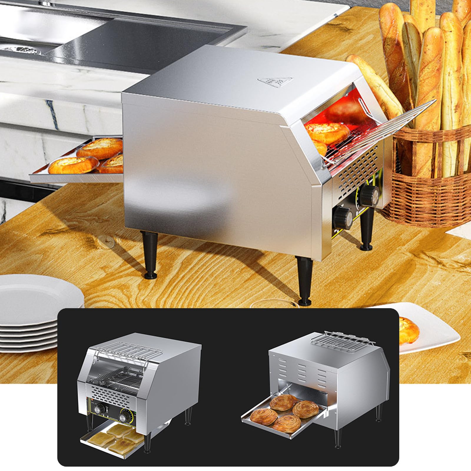 Tostapane a Nastro Commerciale 600 fette/Ora Tostapane a Nastro in Acciaio Inossidabile per carichi Pesanti con Doppi Tubi di Riscaldamento, tostapane Elettrico in Acciaio (1300W)
