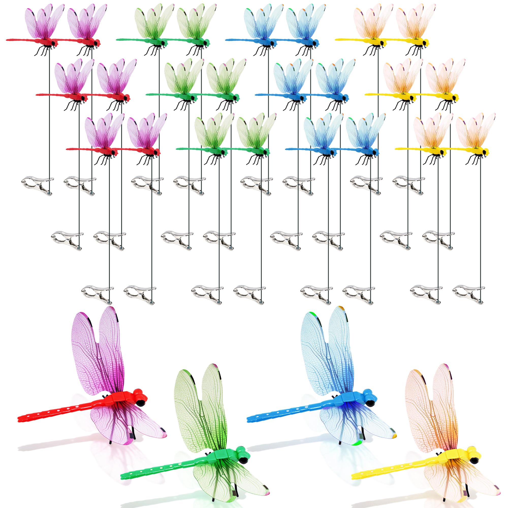 24 Pack Dragonfly Clips, Realistic Fake Dragonfly Hummingbird Garden Stakes, Multipurpose Plastic Yard Ornaments for Outdoor Decor, Patio, Hats, Fly Deterrent for Horses, Deer, Indoor Outdoor Use