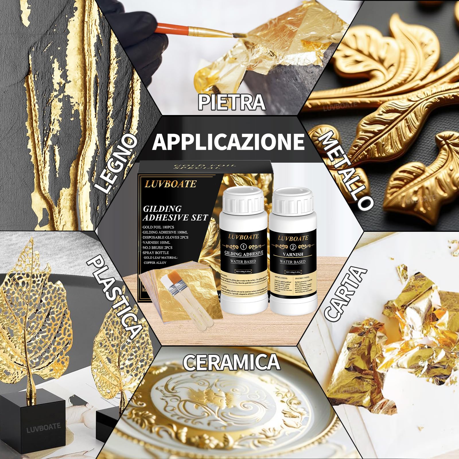 Set di fogli d'oro adesivi, LUVBOATE Set di fogli d'oro, 100ml di adesivo per doratura a base acquosa e 100ml di vernice protettiva, 100 fogli d'oro per arte, pittura, arredamento e decorazione
