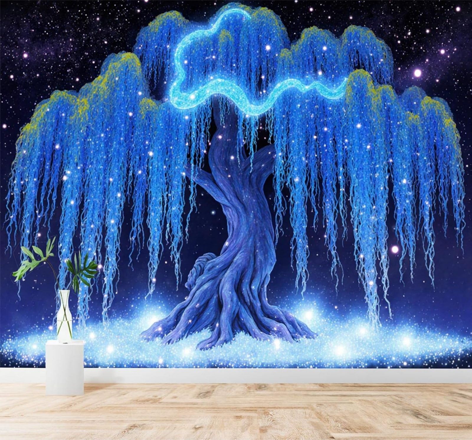 XLMING Beautiful Dreamlike Blue Willow Trees Starry Sky 3D Wallpaper Premium Textured Silk Study Dining Living Room Bedroom Sofa TV Wall Easy Install-430cm×300cm