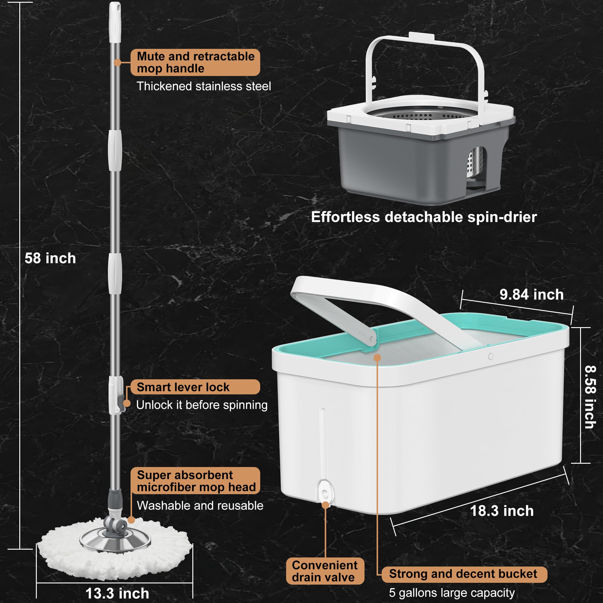 Trapeador giratorio y cubo, fregona y cubo con escurridor para el hogar con 6 piezas de repuesto de cabezal de fregona, cesta de deshidratación desmontable, mango retráctil extensible, fácil de usar,