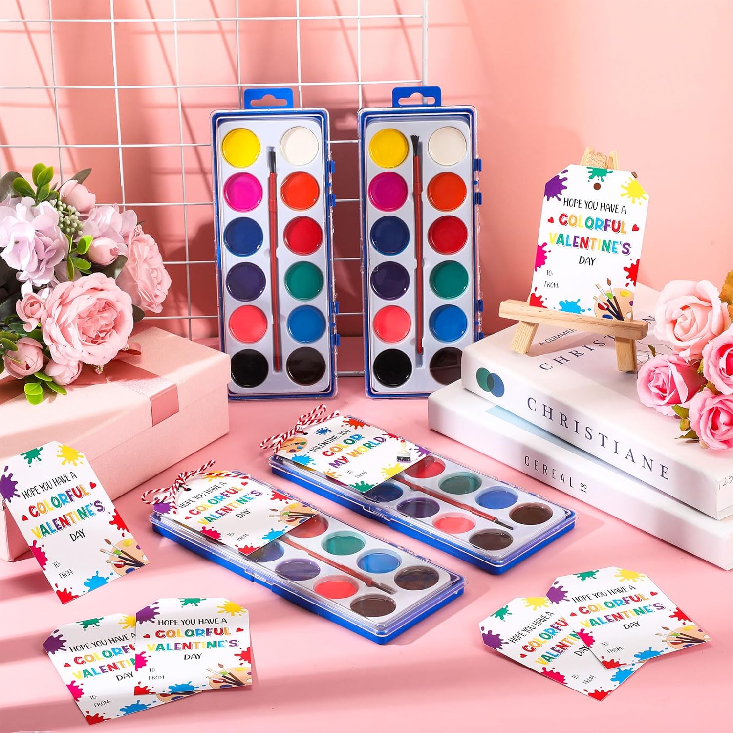 Sabary 50 Pack Valentine Watercolor Paint Sets Valentine's Day Washable Watercolor Paints with Gift Cards and 20 Meters Rope for Classroom Exchange Gifts Valentine Party Favors Art Activities