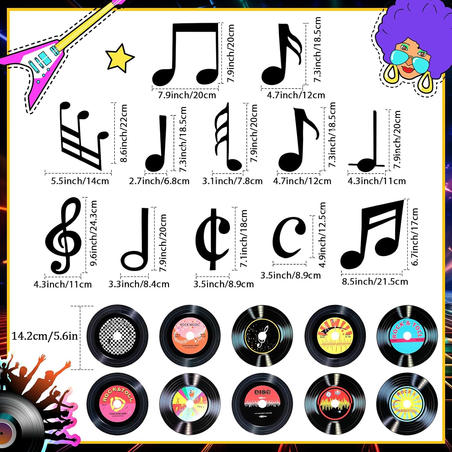 Motiskyy 54 Pcs Disco Party Decorations 35.43 Inches Disco Dance Silhouettes Cutout Records Music Note Wall Decal Self Adhesive Rock and Roll Classroom Decor for 50s 70s 80s Theme Music Party Supplies