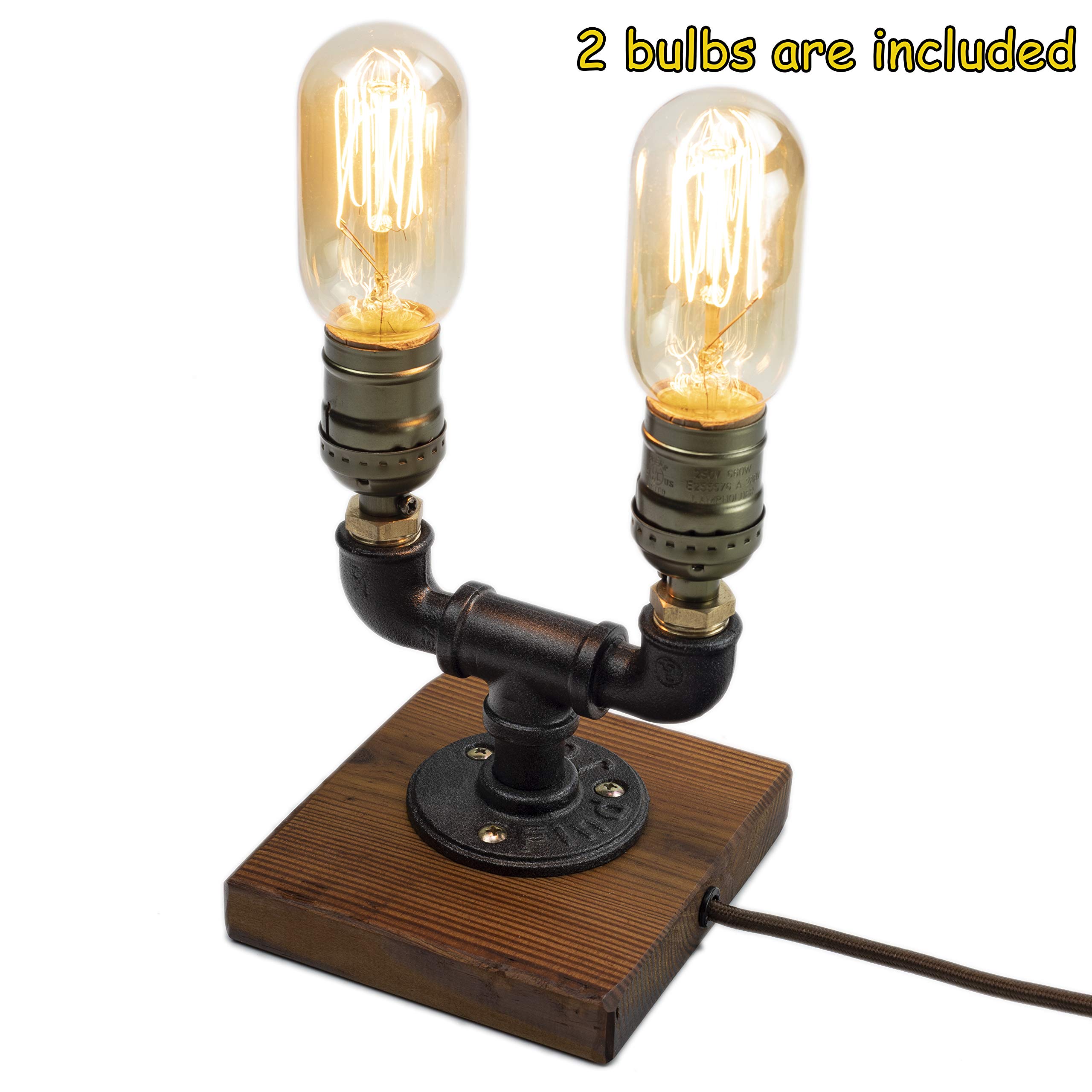 Steampunk Lamp with Dimmer, Dimmable Loft Style Industrial Vintage Antique Style Light with 2 Bulbs, Wood Base with Iron Piping Desk Lamp, Retro Desk Lamp LL-027
