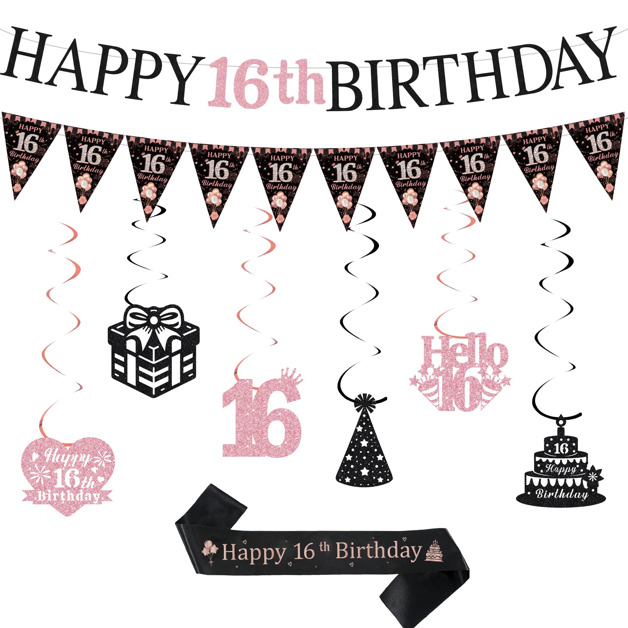 Sroeeshee 16th Birthday Party Decorations - Black Rose Gold Happy 16th Birthday Banner Pennats Hanging Bunting Sash Kit, Ideal 16 Years Old Bday Girls Supplies with Ribbon