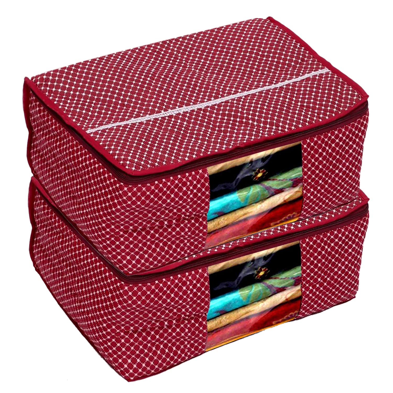 Kuber Industries Maroon 3 Layered Quilted Printed Transparent Saree Cover Set o