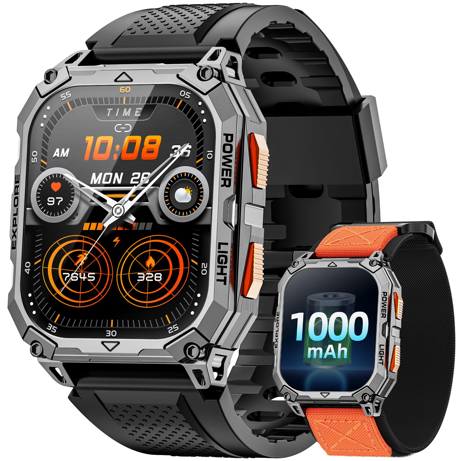 Military Smart Watches for Men (2 Straps), 2.01" HD Smartwatch with 1000 mAh Battery, Answer/Make Call, Led Flashlight, Heart Rate/Sleep Monitor, 100+ Sport Modes Fitness Tracker for Android/iPhone