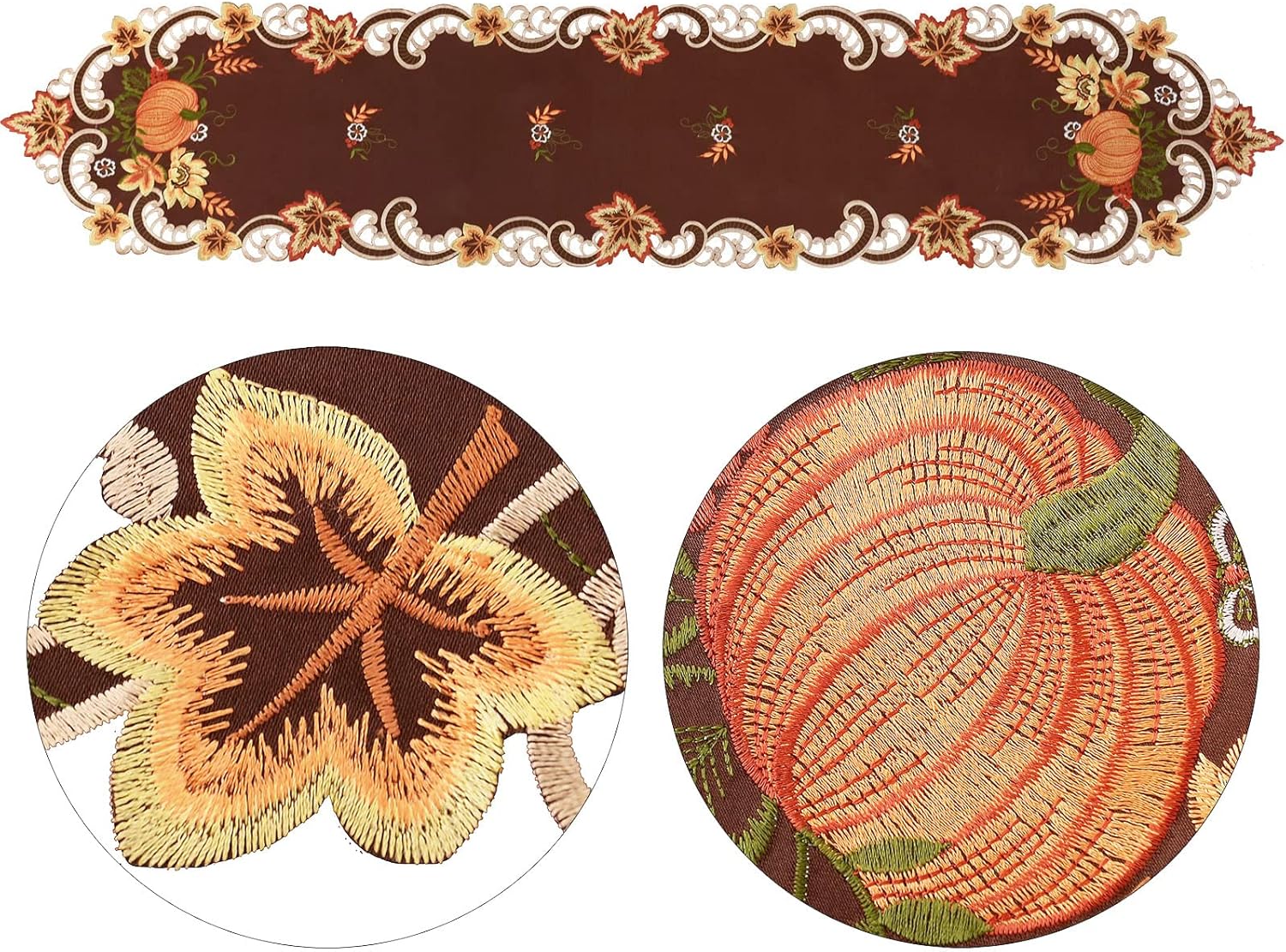 Simhomsen Brown Embroidered Thanksgiving Harvest Pumpkins Table Runners for Autumn Or Fall Decorations (14 × 89 Inches)