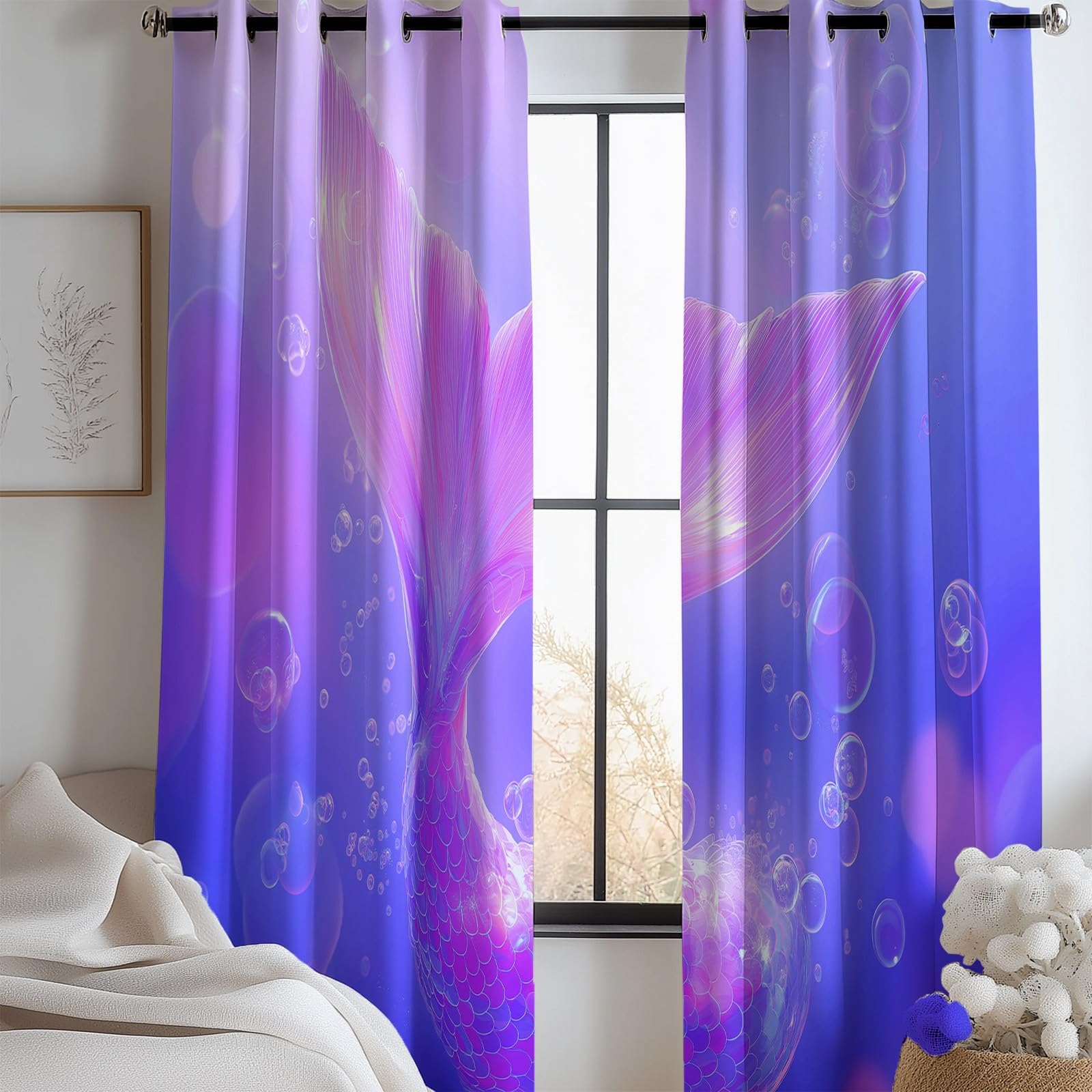 Générique Rideau Occultant pour Chambre d'enfants Fantaisie Dégradé Sirène 110 X 215 Cm (Lxh) 2 Pièces pour Maison Chambre Salon, 3D Impression Rideaux, Lavable en Machine Protection De Privée Violet
