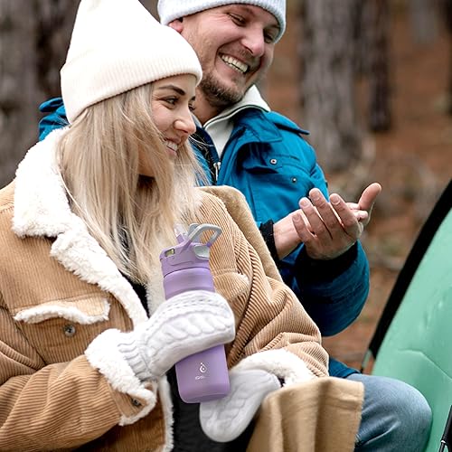 Miniatura 9 de IDEUS Botella de agua aislada de acero inoxidable con 2 tapas a prueba de fugas, termo para senderismo, ciclismo, 24 onzas, violeta