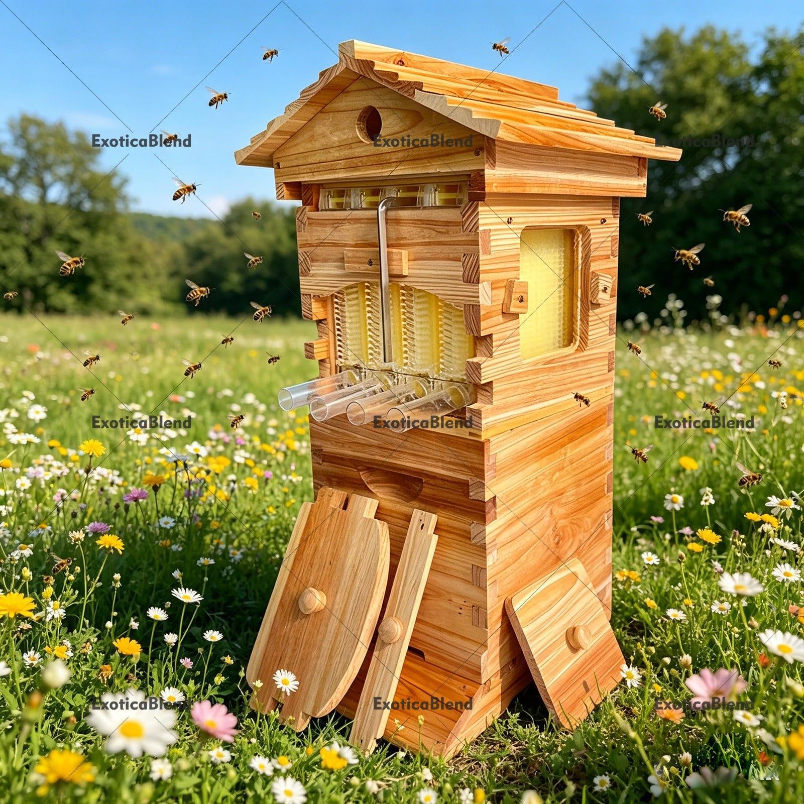 Kit Completo per Apicoltura per Principianti, Arnia in Legno con Finestra di Osservazione e Rubinetto per Il Miele, Include Casetta per Api Carpentiere per Giardini Amiche