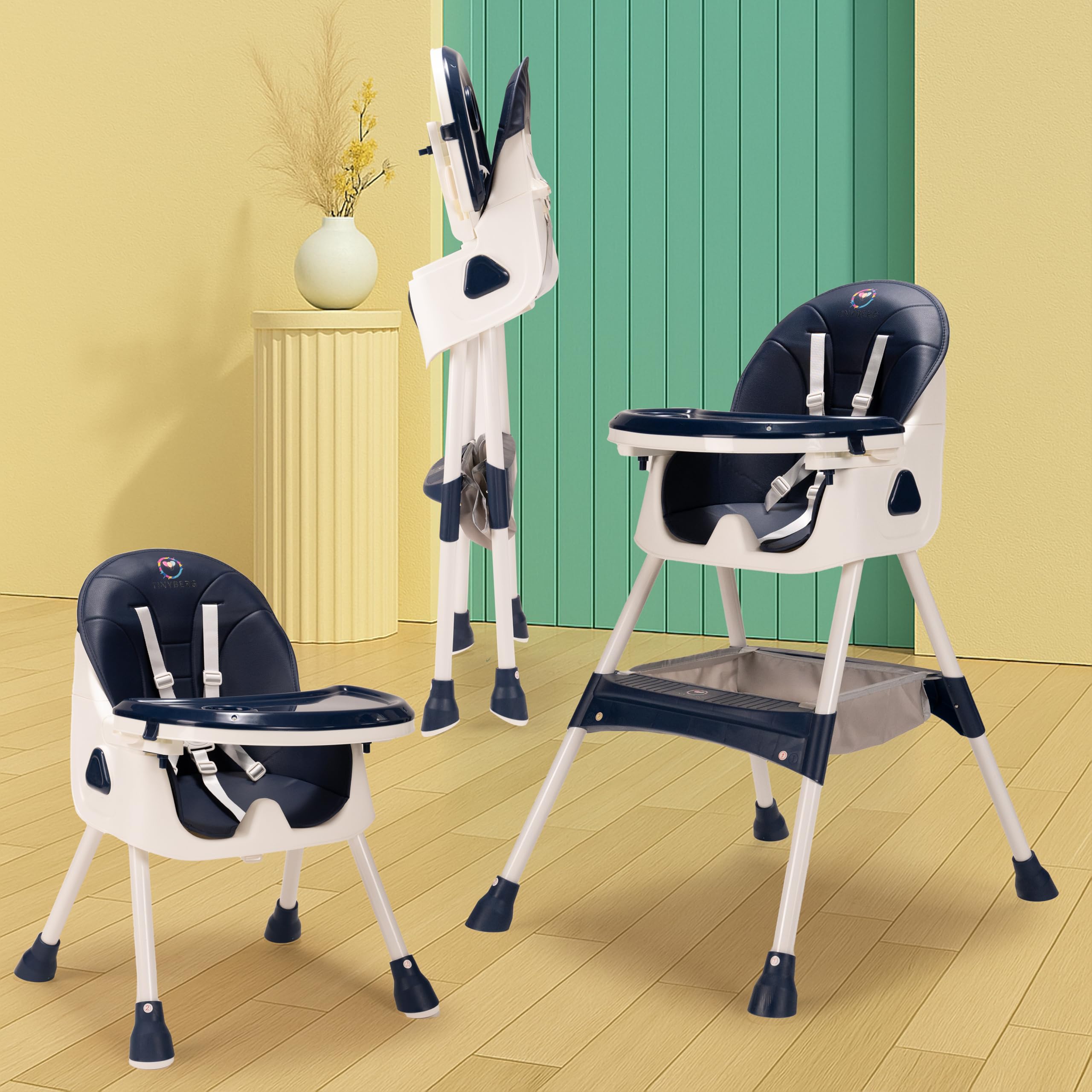 Tinyberg 3-in-1 Baby High Chair, Kids Feeding Adjustable Seat Height, Toddler WonderSeat PU Cushion Pad, Portable, Foldable, 3 Months to 5 Years, 5-Point Safety Belt, Anti Skid Base, 50kg Capacity