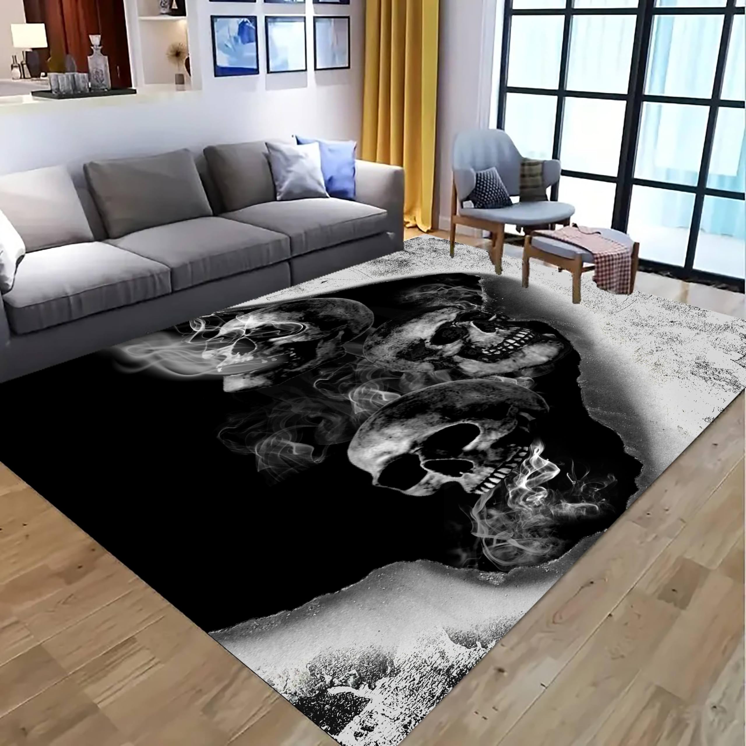 Kuluoits Gothic Rug for Living Room, 180x230cm, Modern Stylish Smoke Skull Black and Gray Indoor Rugs, Non-Slip, Machine-Washable Large Area Carpet for Bedroom and Dining Room — image 1