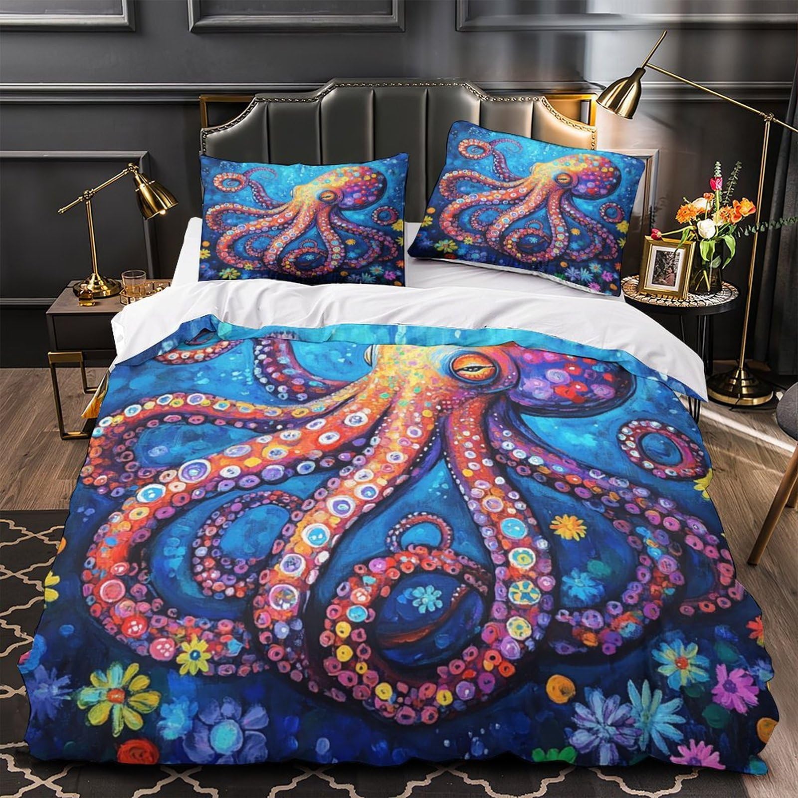 Housse de couette pieuvre 3D douce et parure de lit ocean durable avec fermeture éclair cachée