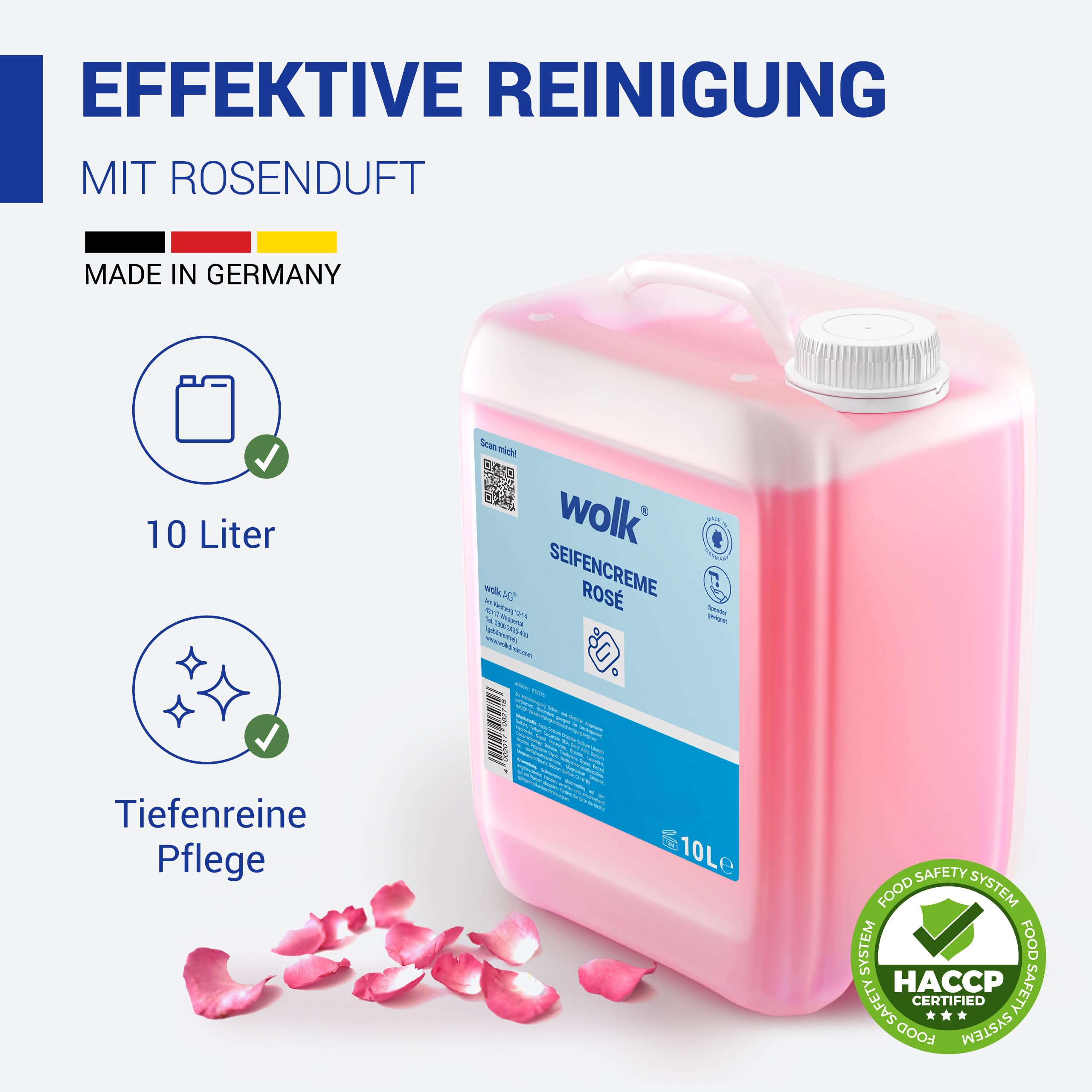 wolk Handseife Flüssig 10 Liter Rosé Kanister - Milde Seifencreme | Alkalifreie Handwaschseife mit Rosenduft, ideal als Flüssigseife Nachfüllpack für alle gängigen Seifenspender.