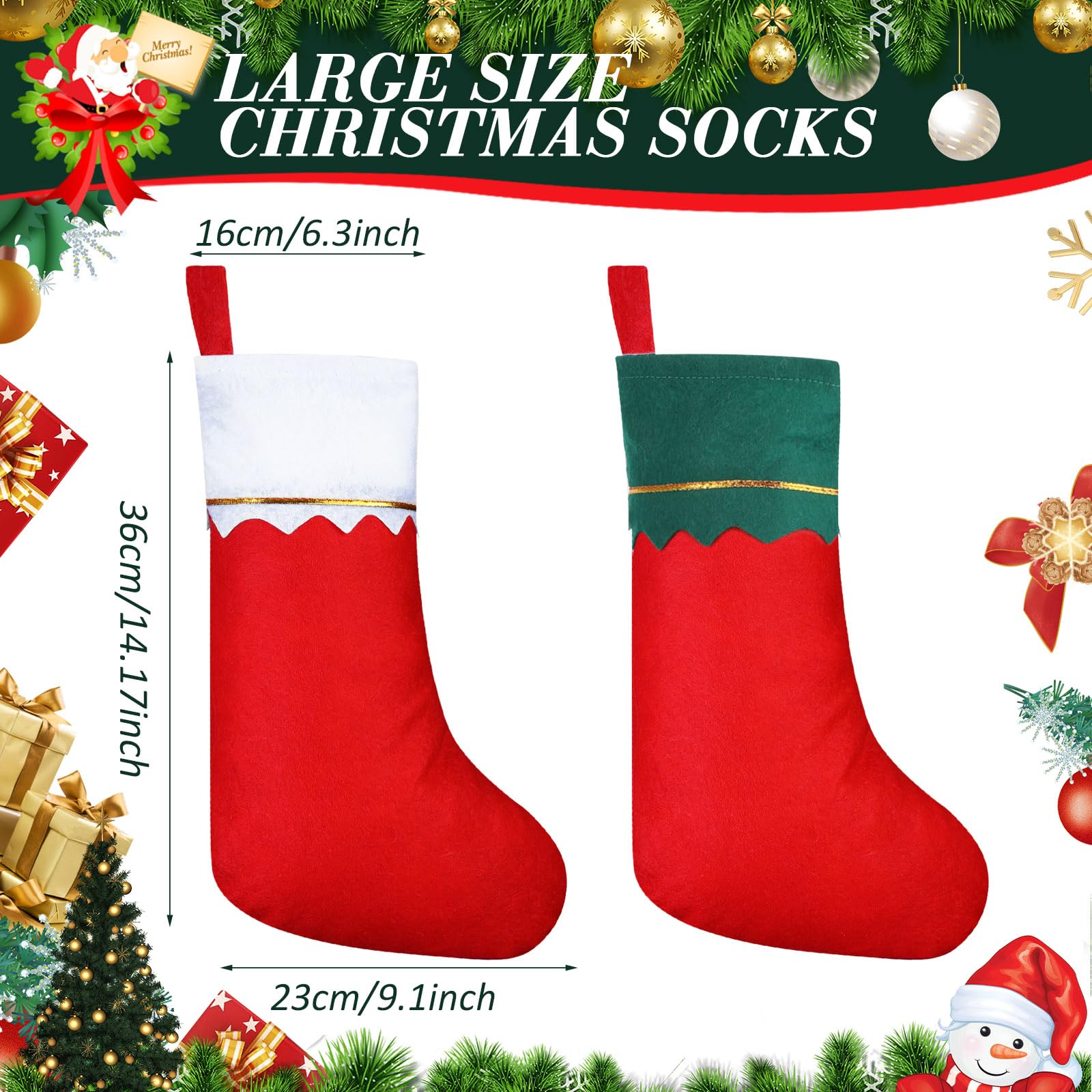 Sumind Lot de 100 chaussettes de Noël en feutre de 38,1 cm pour décoration de Noël (rouge avec bordure blanche, rouge avec bordure verte)
