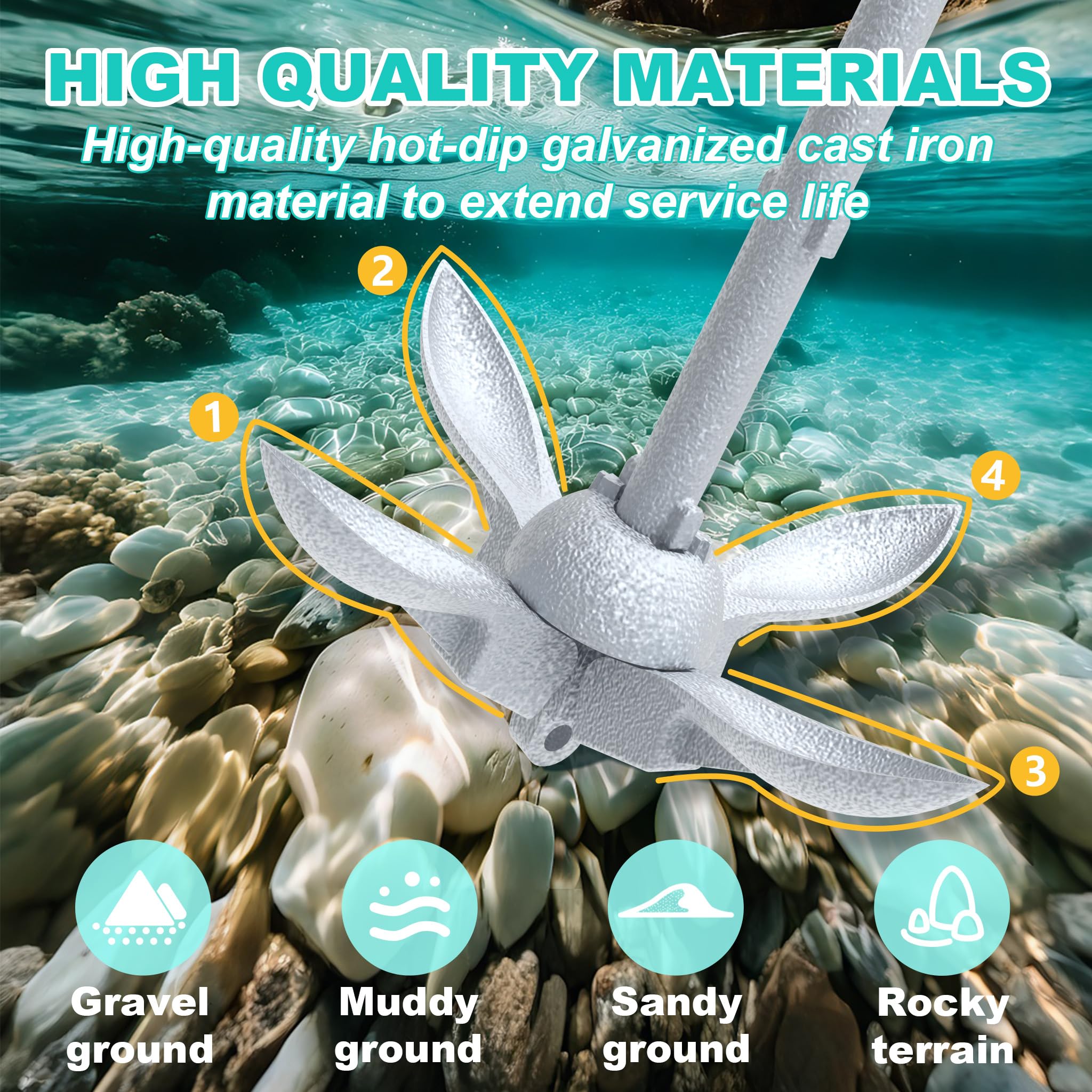 UISEBRT Ancoraggio pieghevole per barche in ghisa zincata a caldo, 0,7/1,5 kg, con corda di ancoraggio da 10 m, moschettone, boa e borsa per il trasporto impermeabile per barca gonfiabile, kayak, SUP