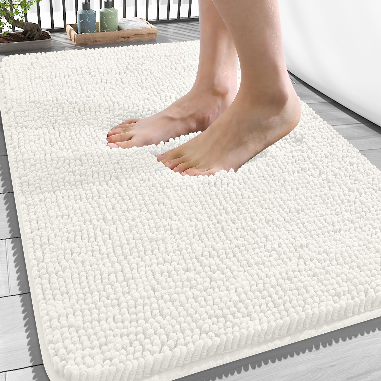 OLANLY Bathroom Rugs 34x21, Extra Soft Absorbent Chenille Bath Rugs | Ivory, Quick-Drying Rubber Backing, Machine Washable Bath Mat for Bathroom Floor, Tub and Shower, Home Decor Accessories