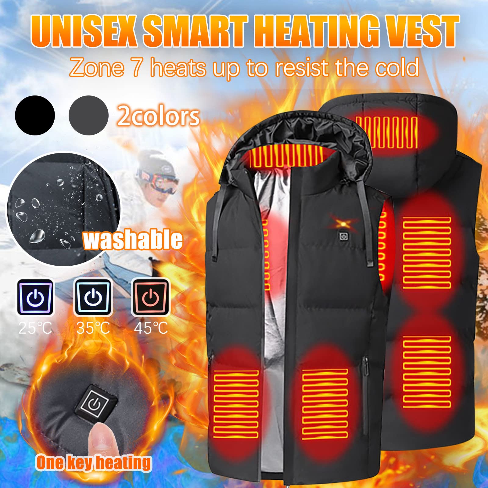 Gilet riscaldabile unisex, 3 temperature regolabili, giacca riscaldata con cappuccio, 7 zone di riscaldamento, USB, da uomo e da donna, senza maniche, per escursioni, moto, caccia, sci