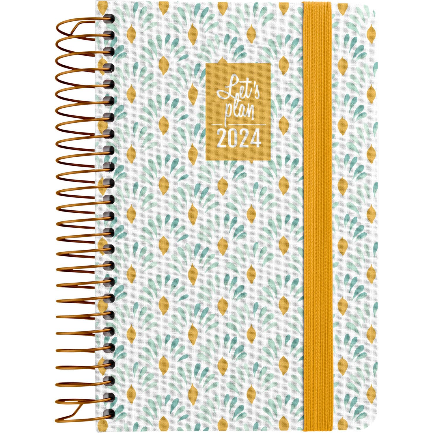Grafoplás | Agenda Pequeña 2024 | Español | A6 | Diseño Daisy | 10,5x16,5cm | Vista Día Página | Con Espiral | Tapa Dura Forrada en Tela Impresa | Cierre Elástico