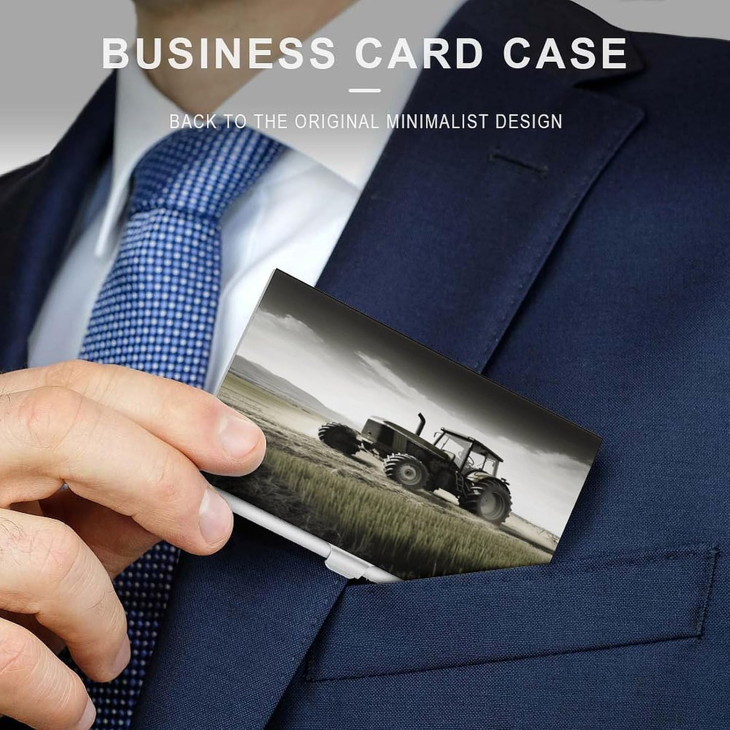 Tractor Agriculture Tranquil Business Card Holder Aluminum Alloy Cards Case Flip Cover Slim Name Card for Men Buckle Style Shut Professional Cards Case for Office Workers