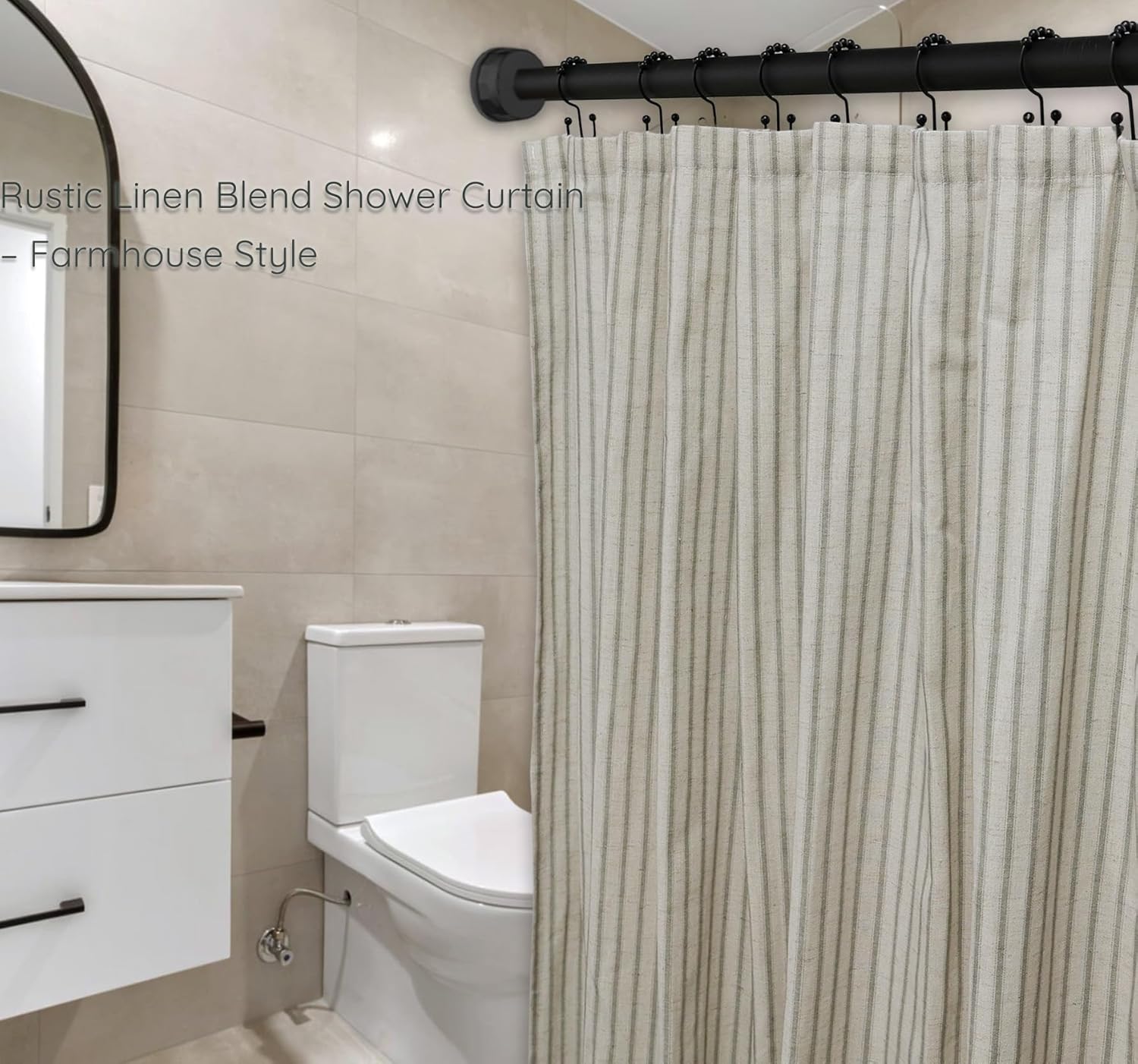 Farmhouse Striped Shower Curtain - 72x72 Inches, Linen Blend Fabric, Breathable & Machine Washable, Rustic Sage for Bathroom Decor (Hooks/Liner Not Included)
