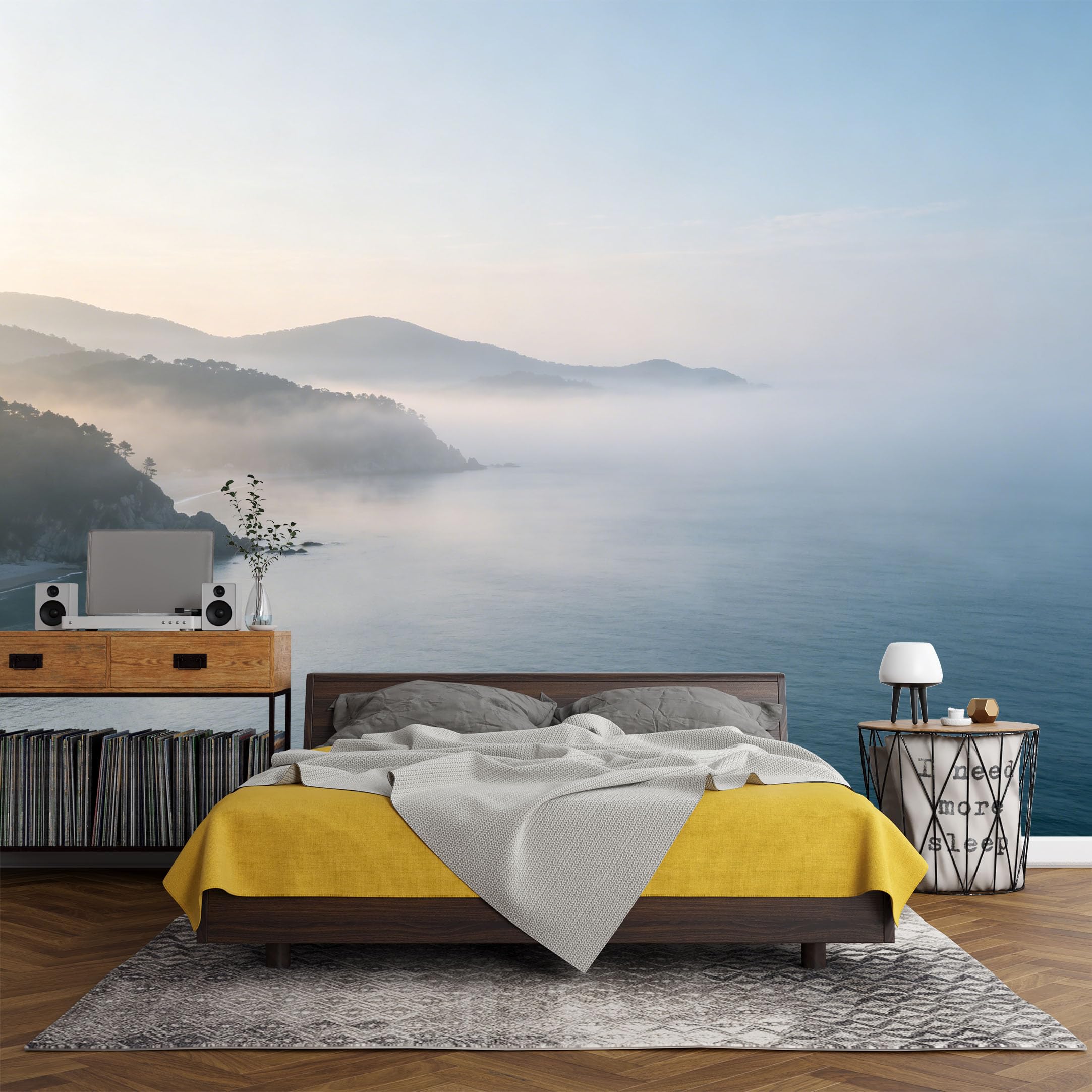 Custom Size Wall Mural， Coastal Misty Mountain Seaside Horizon Ocean View， SelfAdhesive Art Prints wall Fabric (No PVC) Removable Wallpaper Living Room Decor