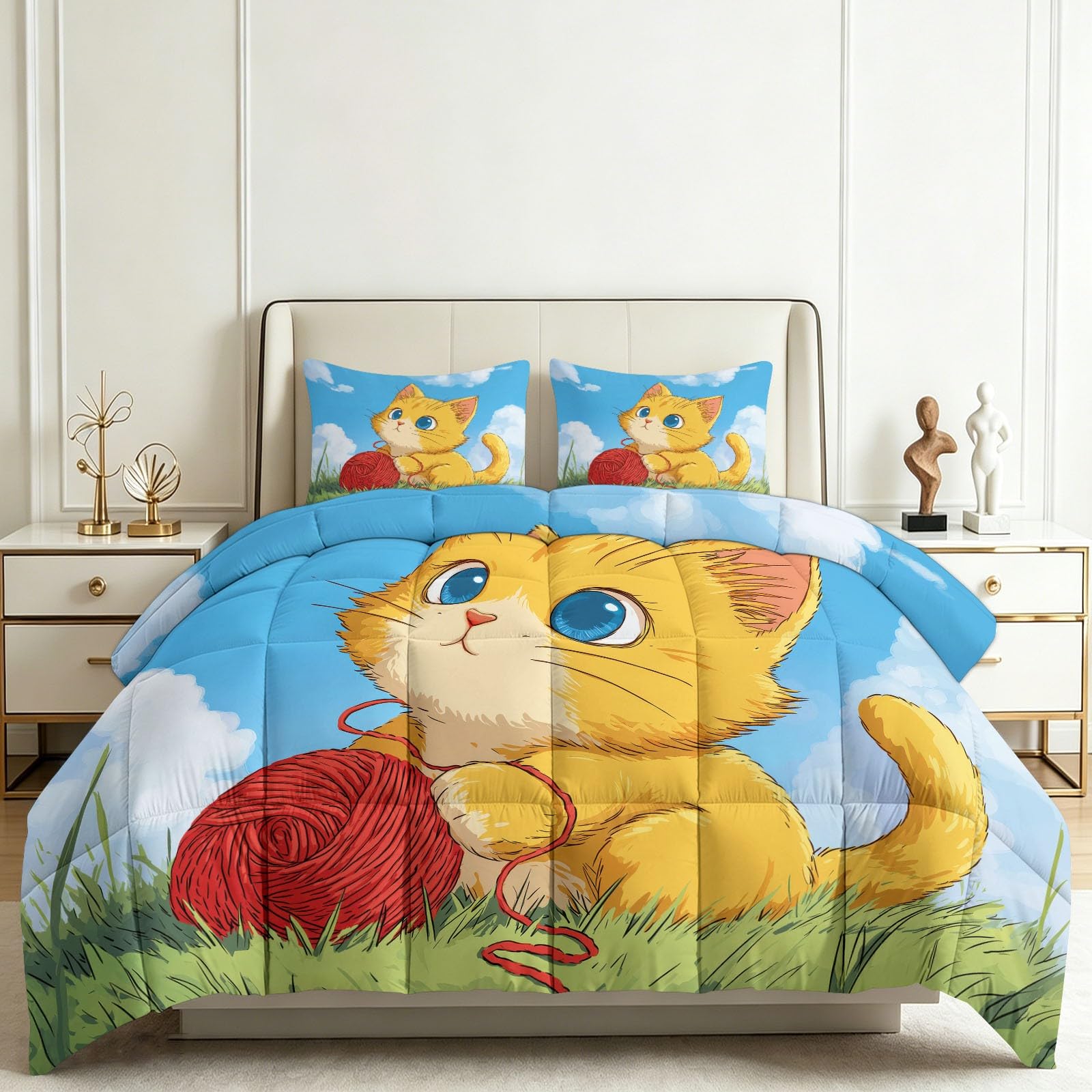 Couette imprimée chat 200x200 cm bleue avec deux taies d'oreiller